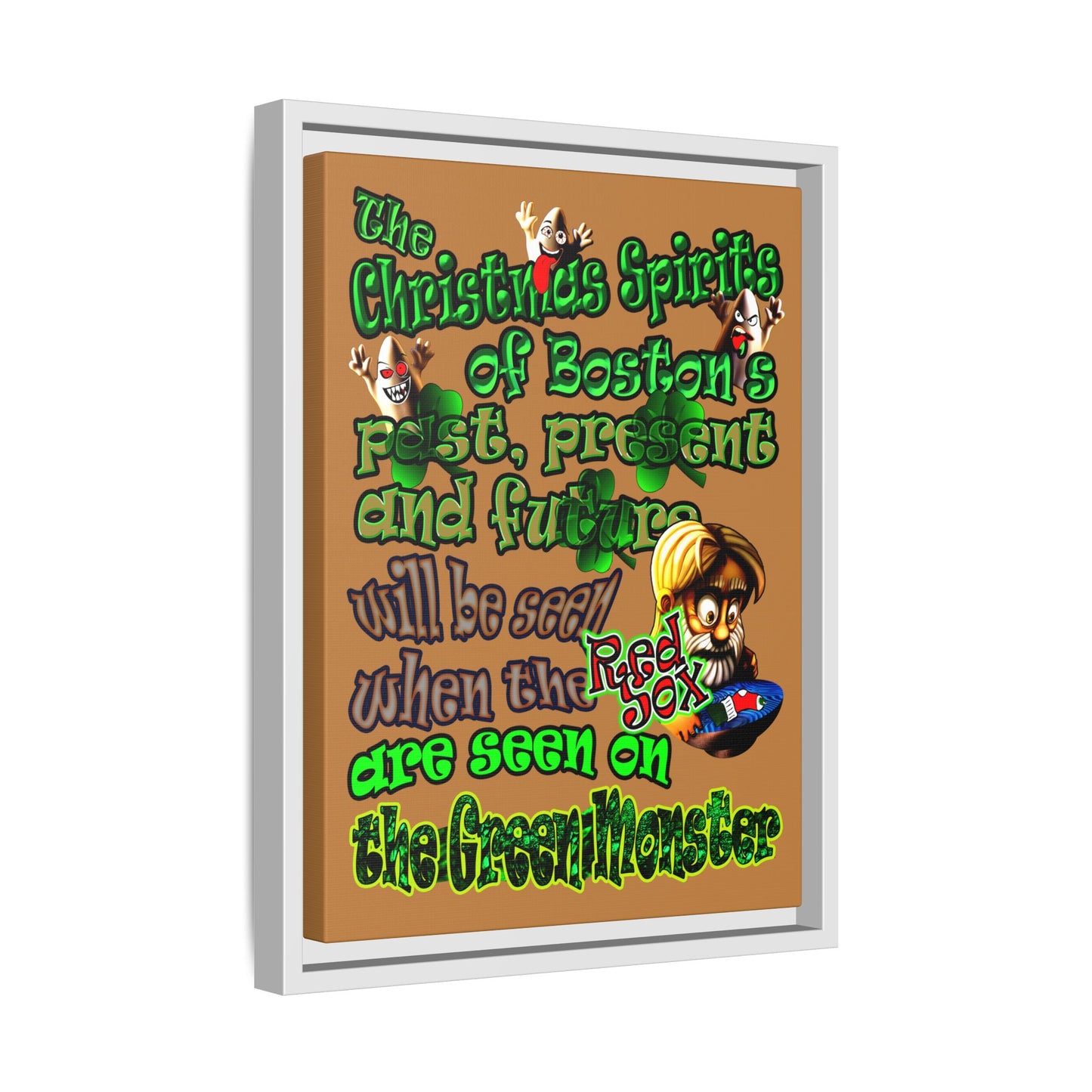 christmas spirits of boston - framed canvas art (light brown)