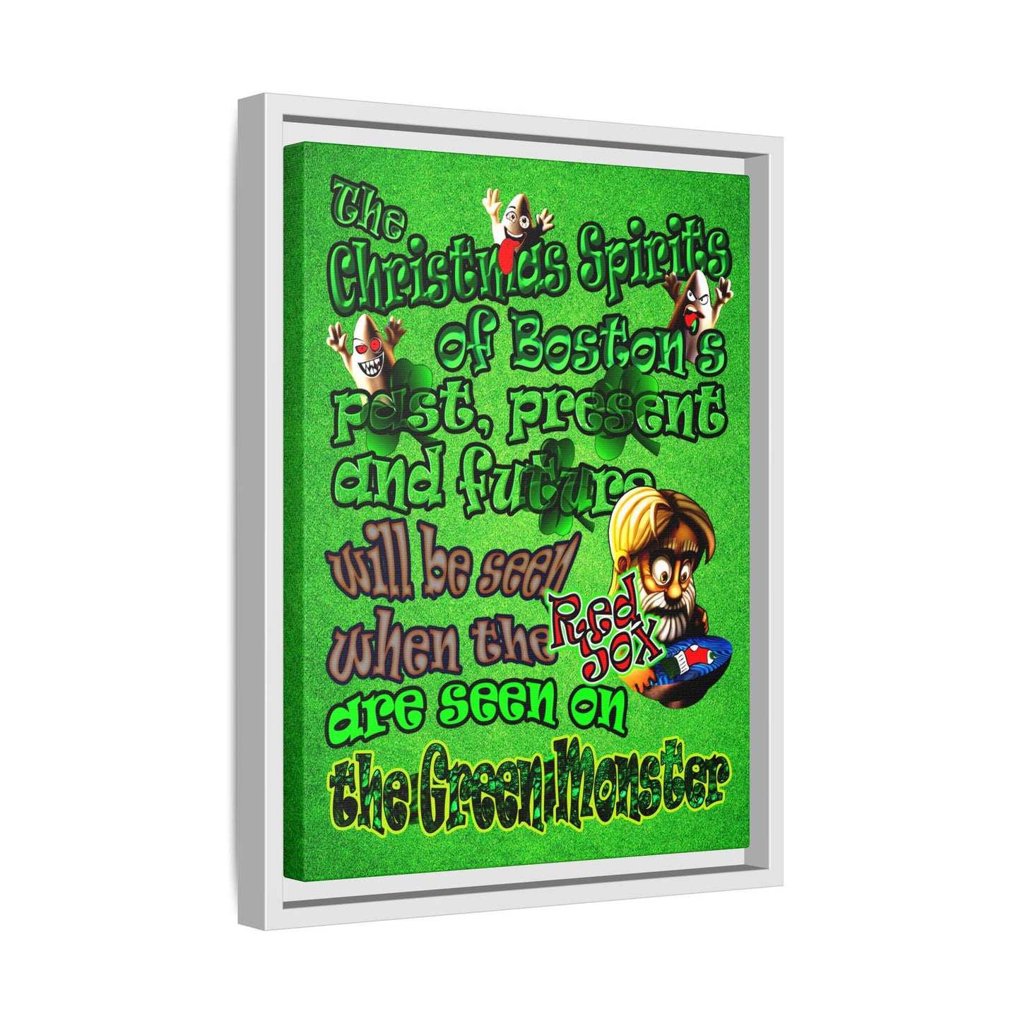 christmas spirits of boston - framed canvas art (green turf)