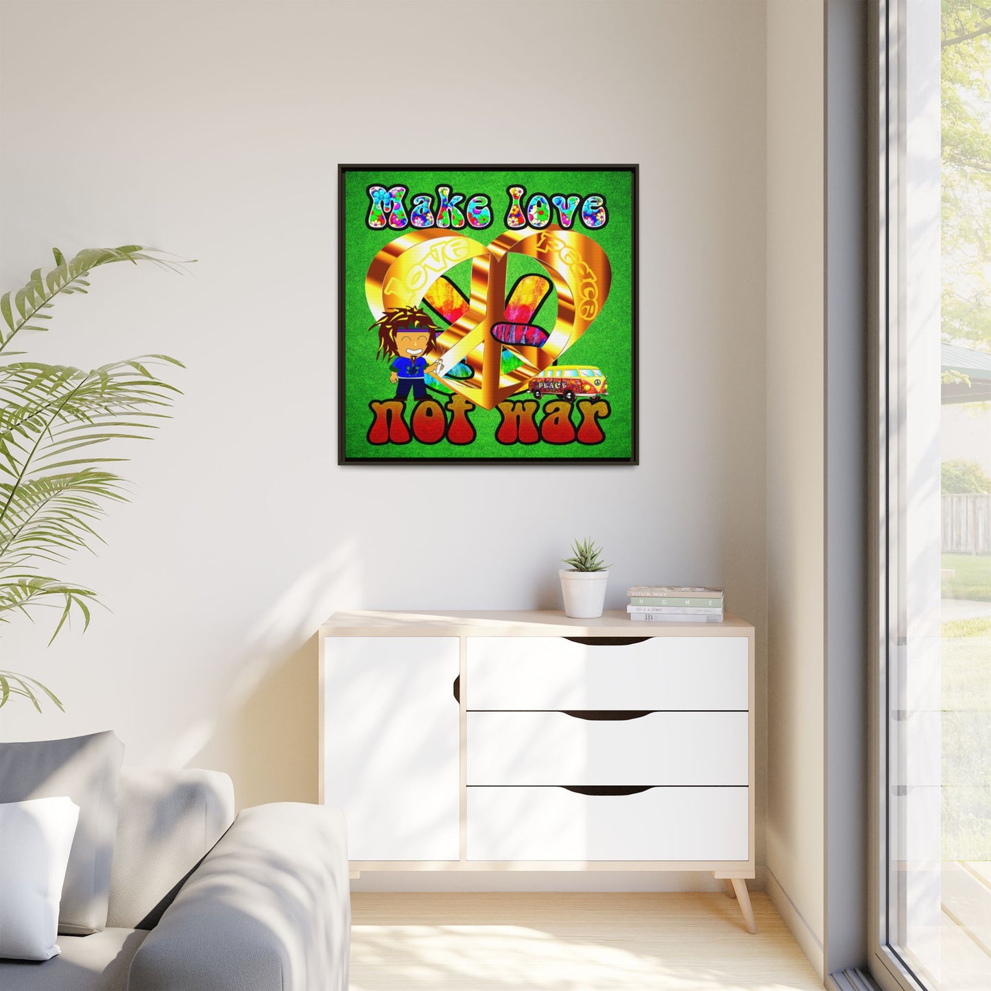 love peace - framed canvas art (green turf)