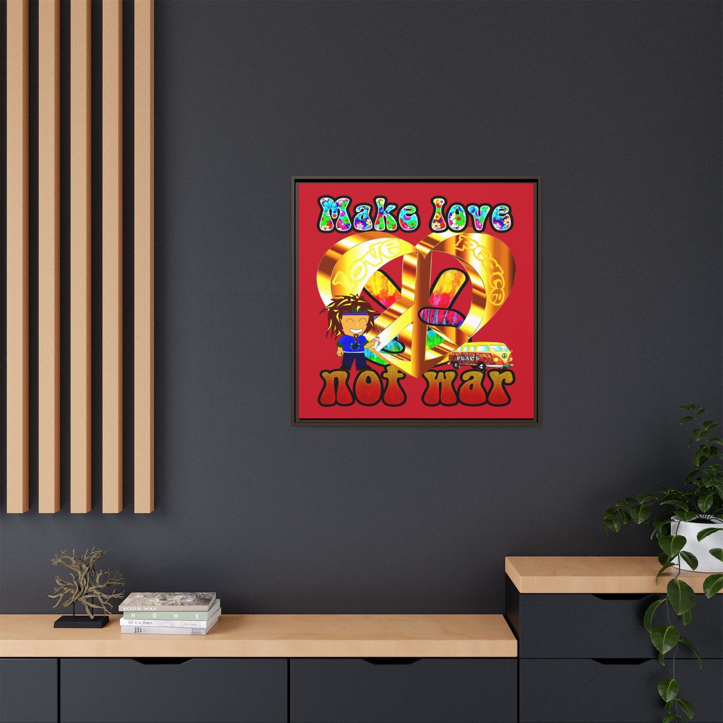 love peace - framed canvas art (dark red)