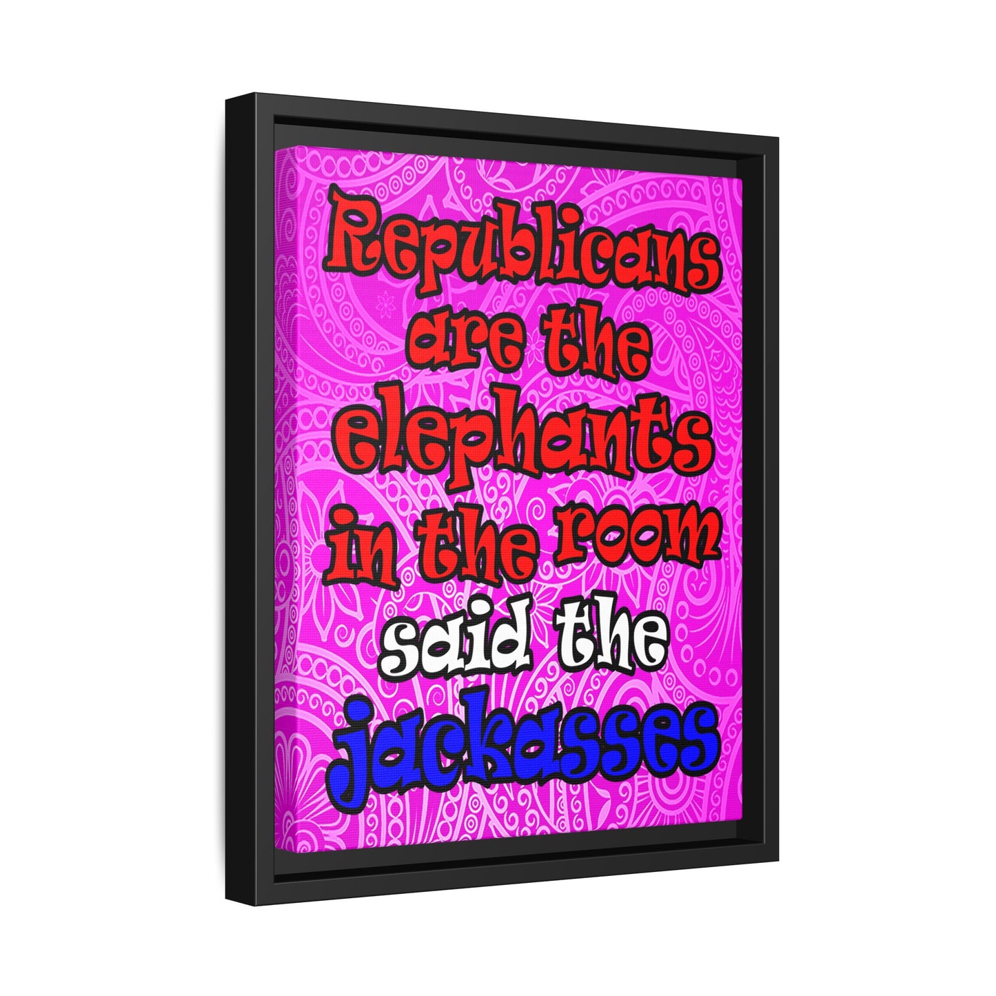 donkeys and elephants - framed canvas art (pink swirl)