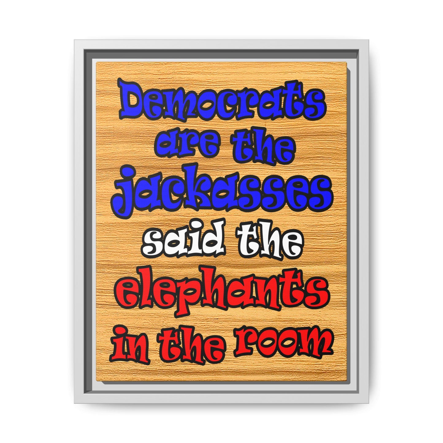 donkeys and elephants - framed canvas art (butterscotch wood finish)