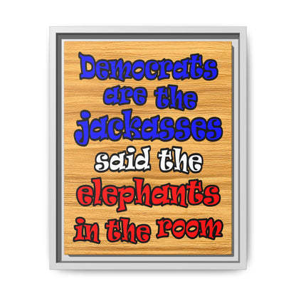 donkeys and elephants - framed canvas art (butterscotch wood finish)