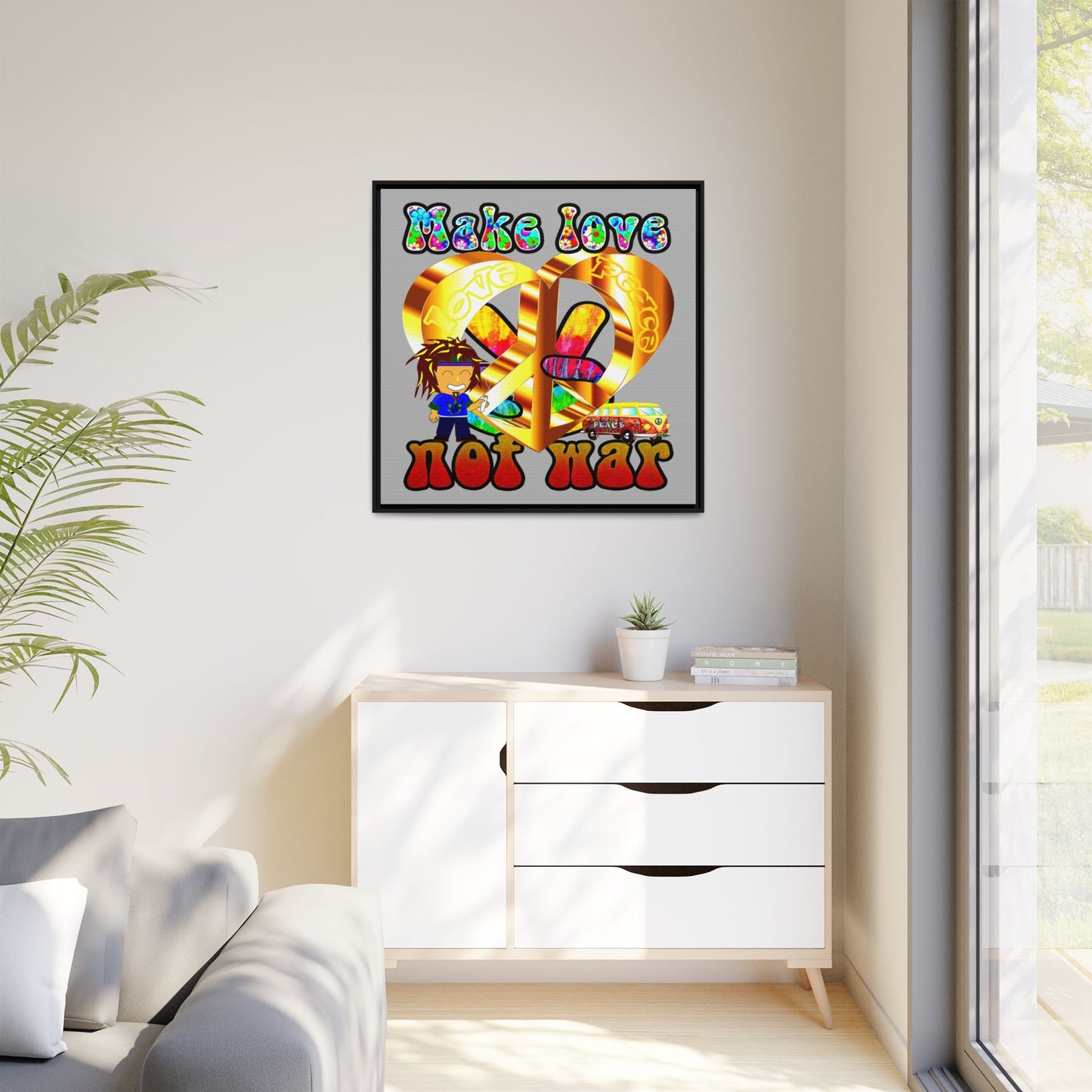 love peace - framed canvas art (light grey)