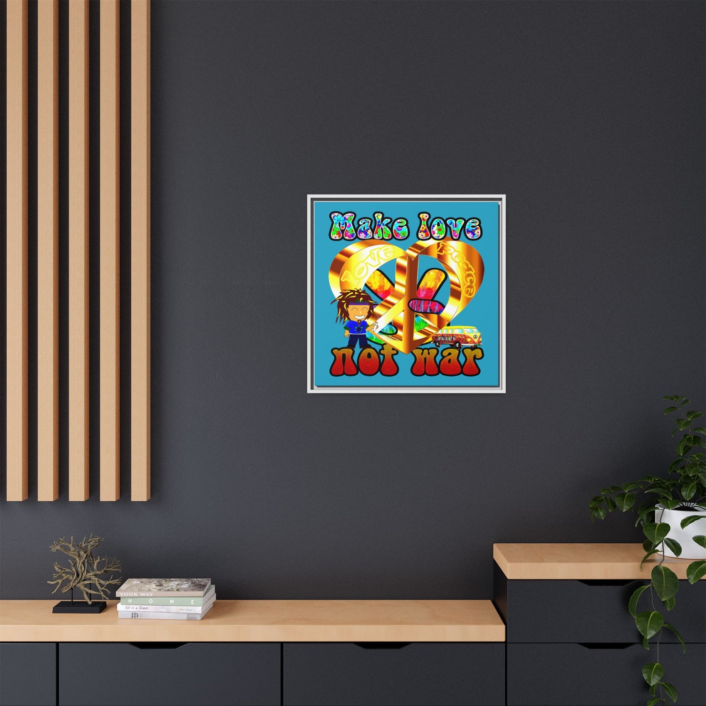 love peace - framed canvas art (turquoise)