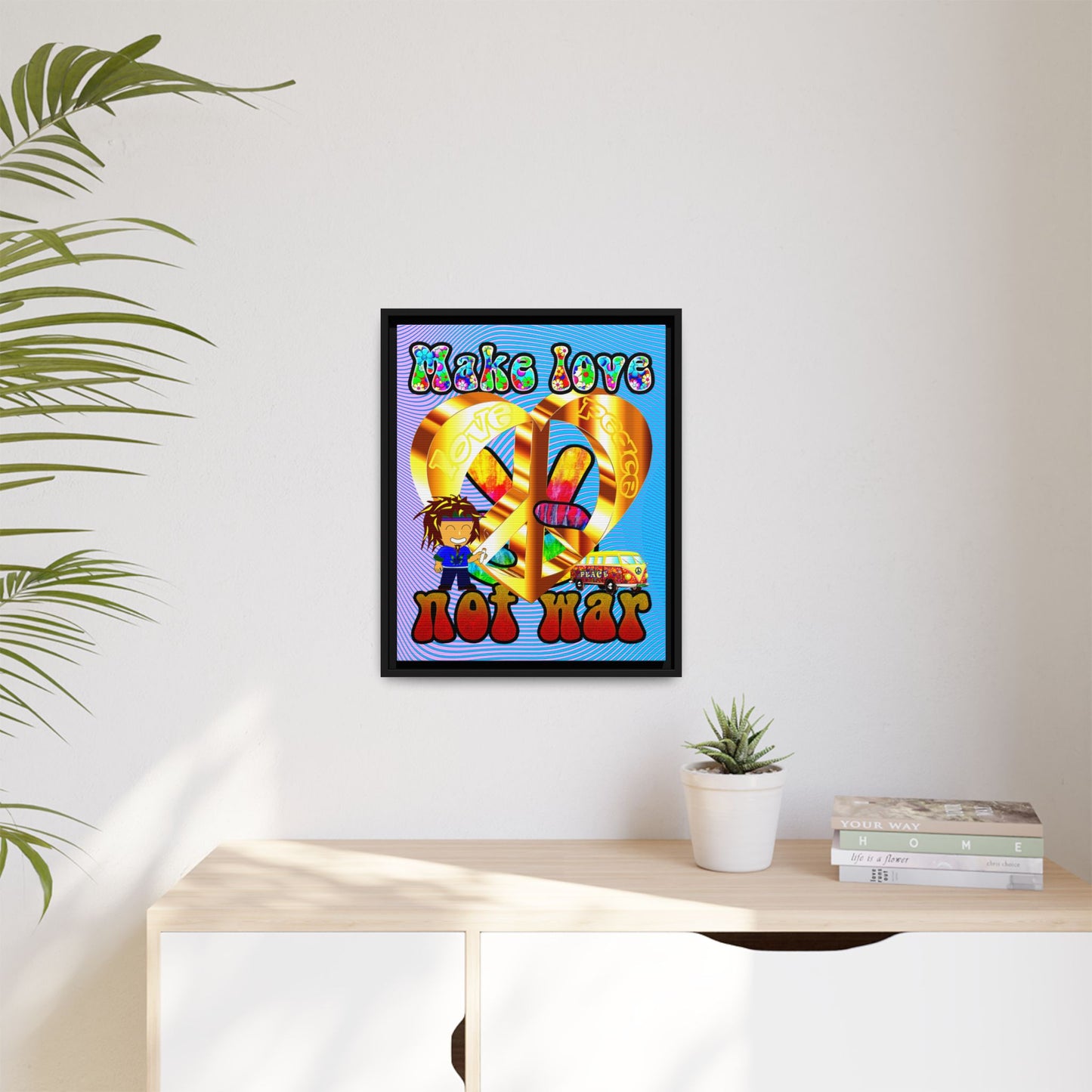 love peace - framed canvas art (light blue-purple wave)