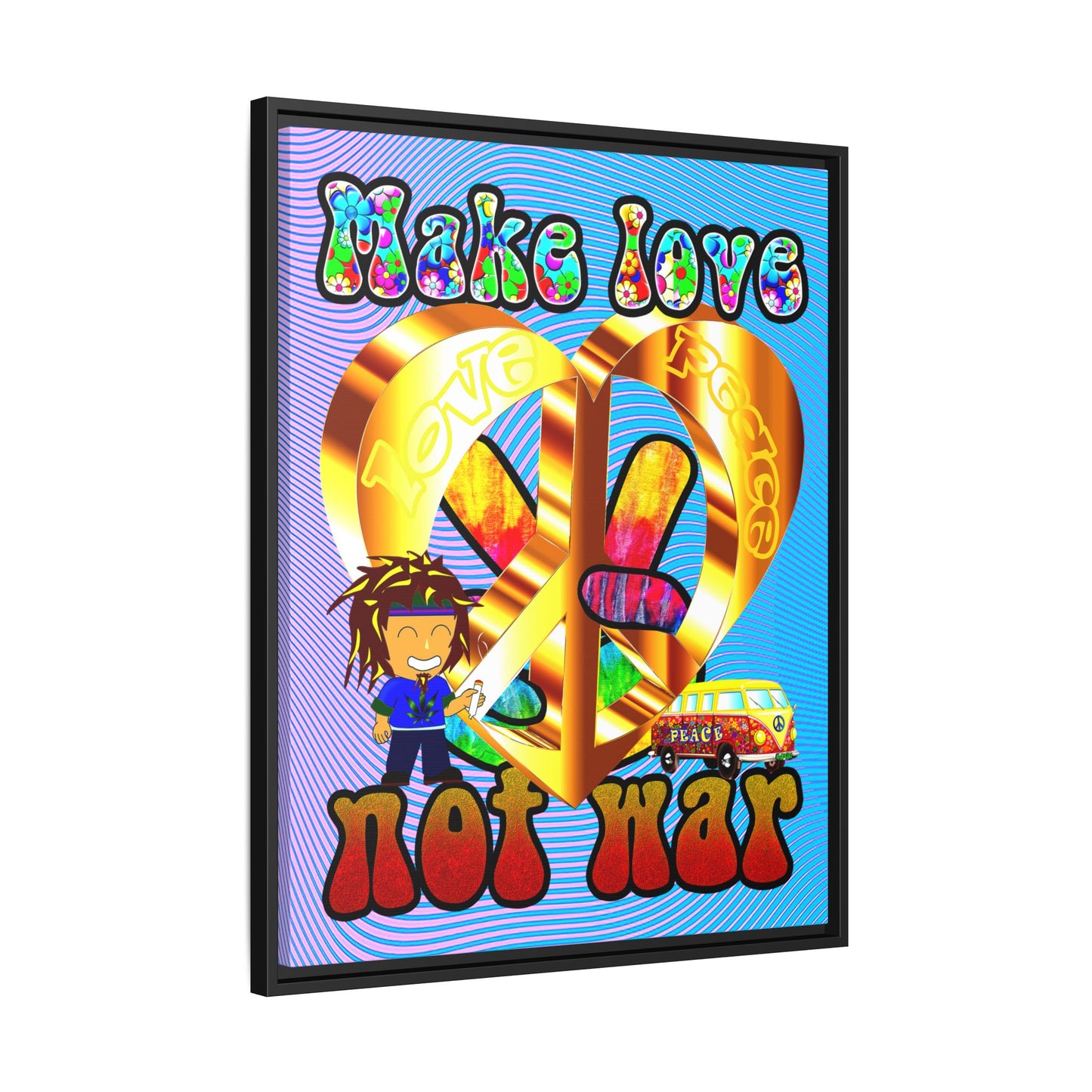 love peace - framed canvas art (light blue-purple wave)