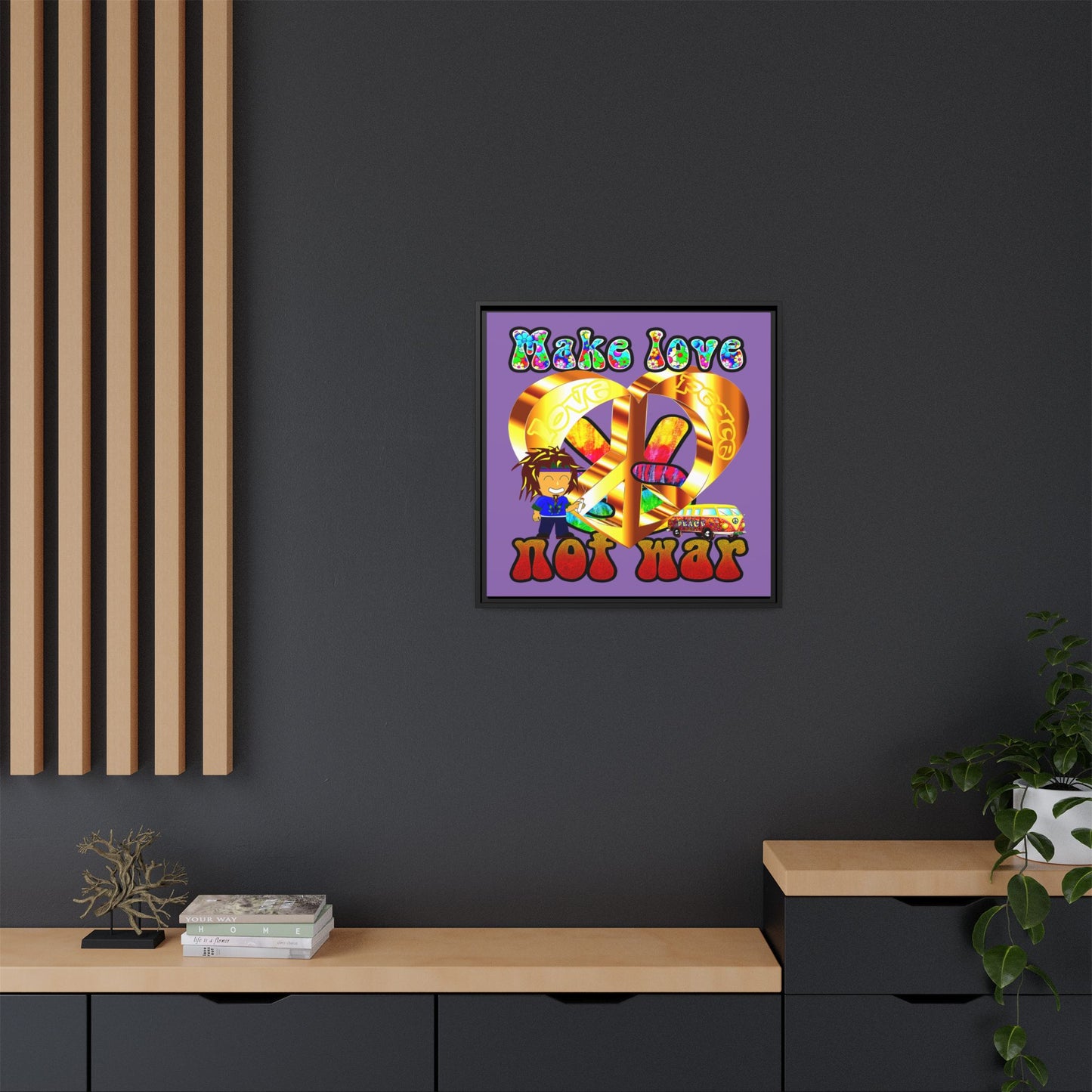 love peace - framed canvas art (light purple)