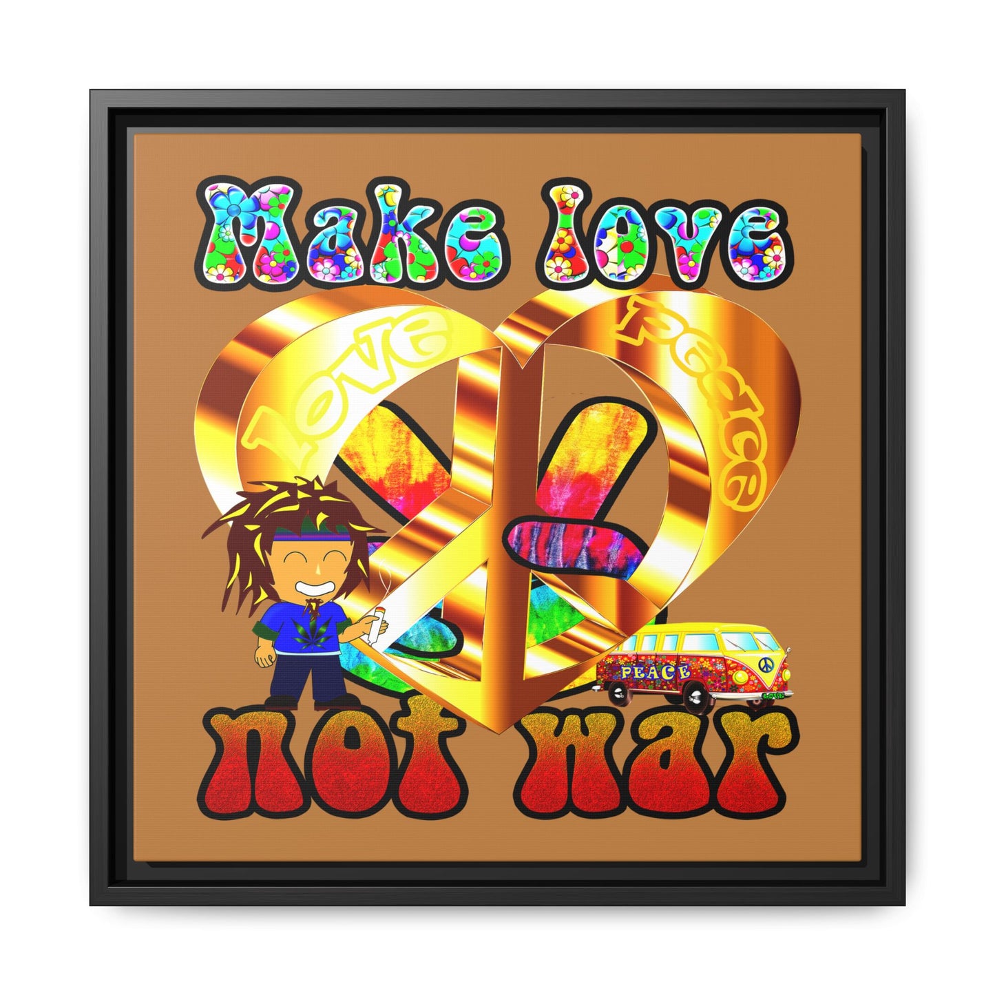 love peace - framed canvas art (light brown)