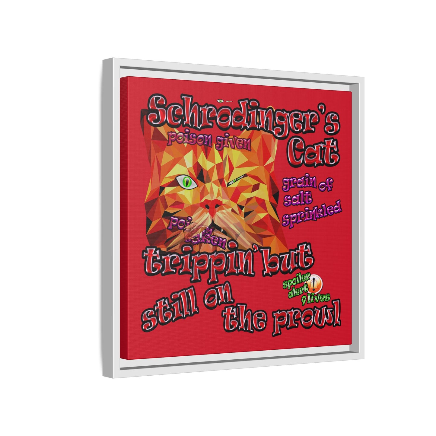 schrodinger's cat - framed canvas art (dark red)