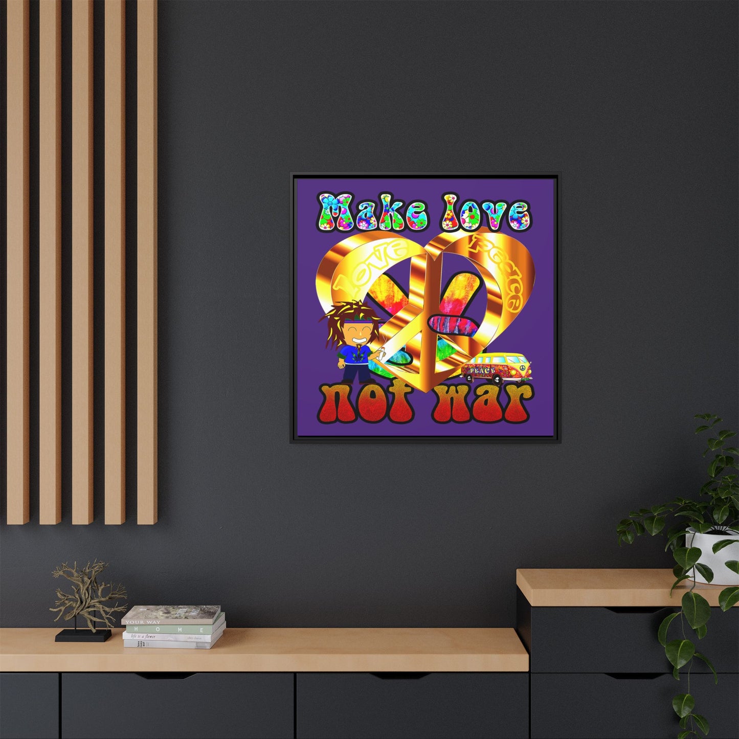 love peace - framed canvas art (purple)