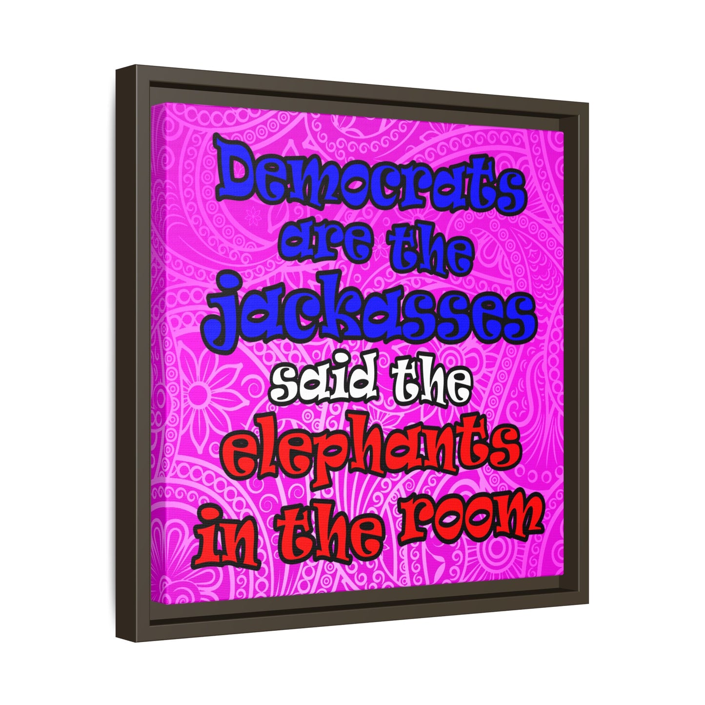 donkeys and elephants - framed canvas art (pink swirl)
