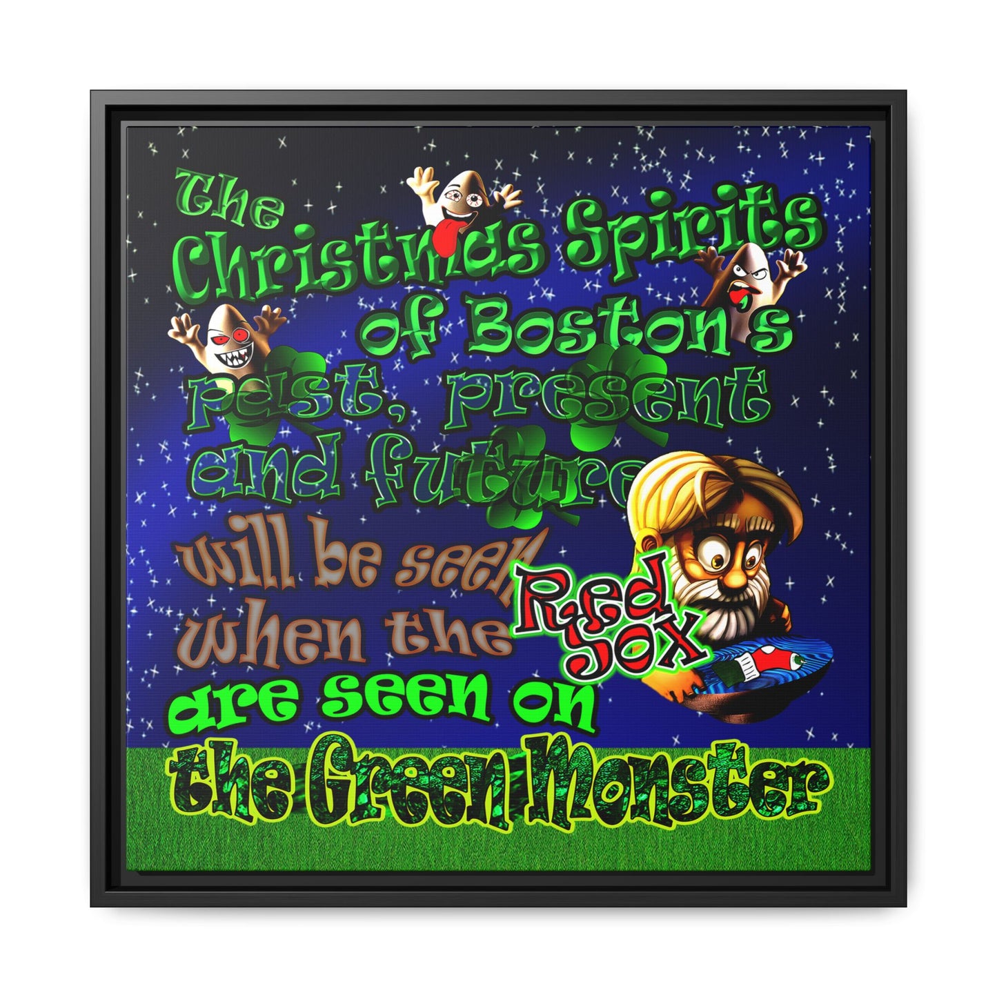 christmas spirits of boston - framed canvas art ('snoops' background)