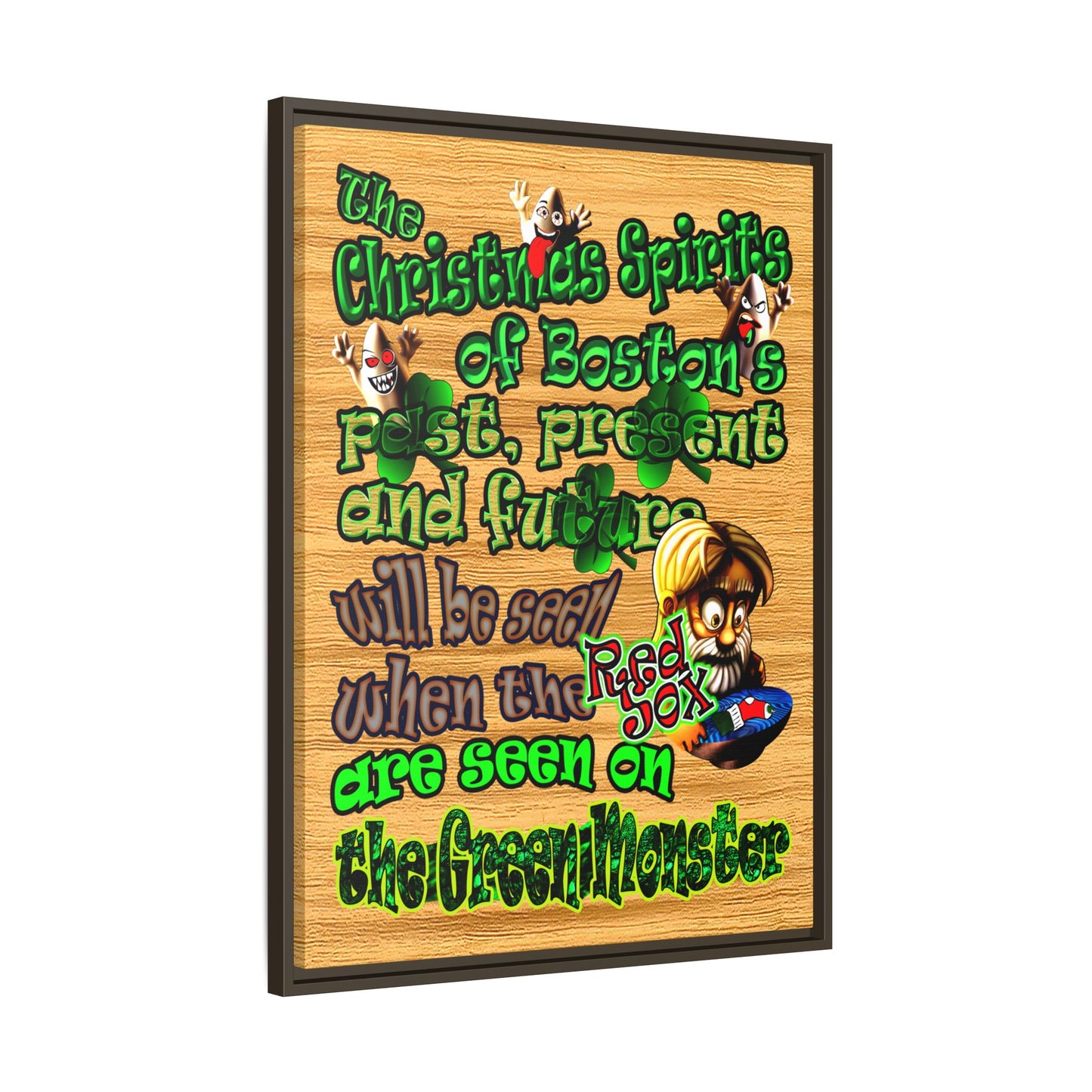 christmas spirits of boston - framed canvas art (butterscotch wood finish)