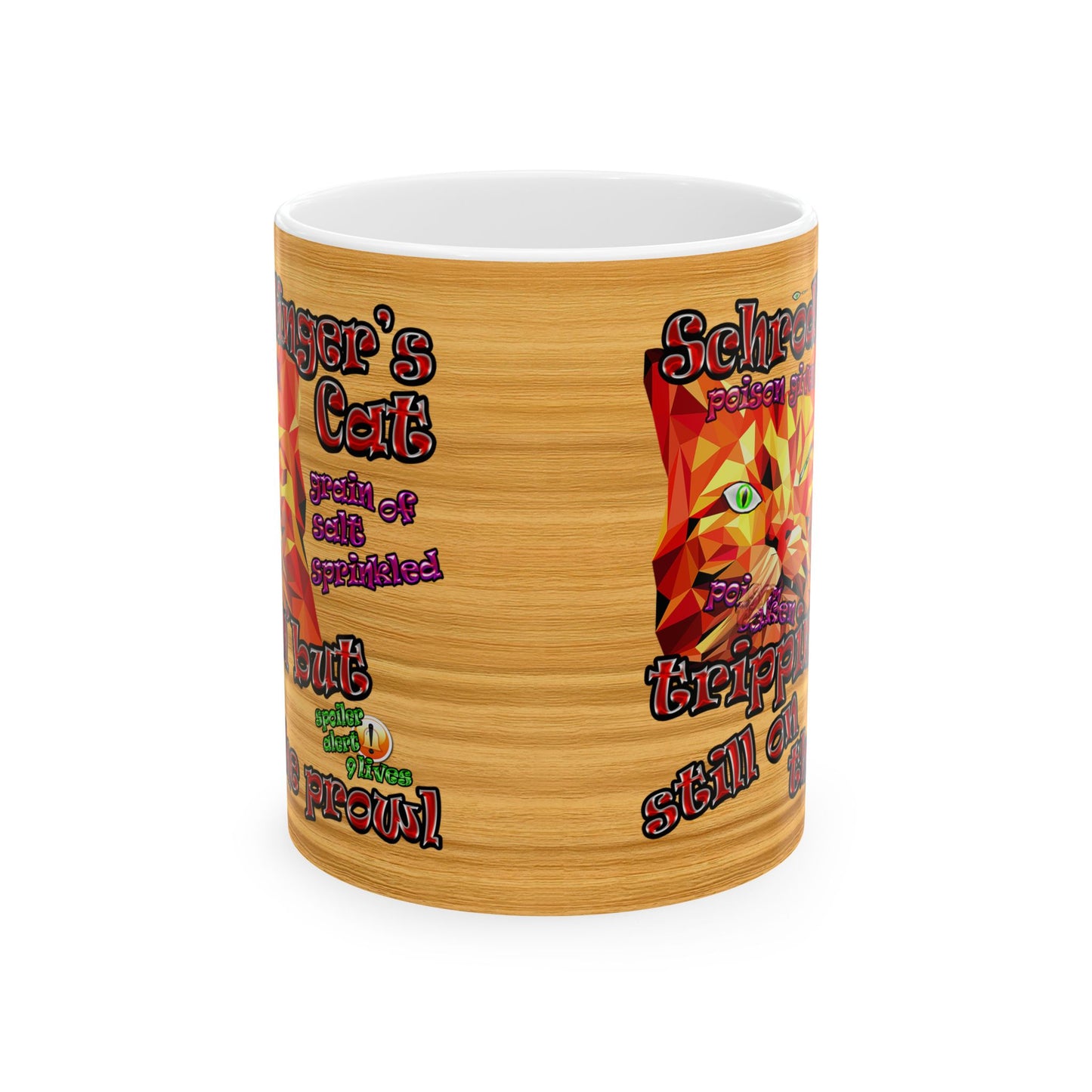 schrodinger's cat - White Mug (butterscotch wood finish)