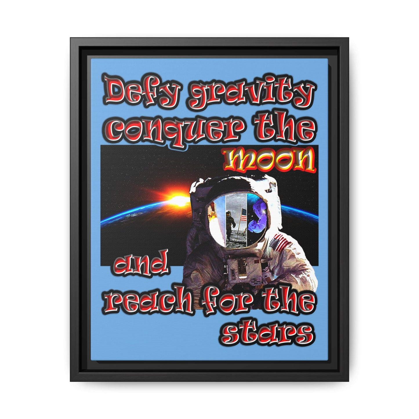 defy conquer reach - framed canvas art (light blue)