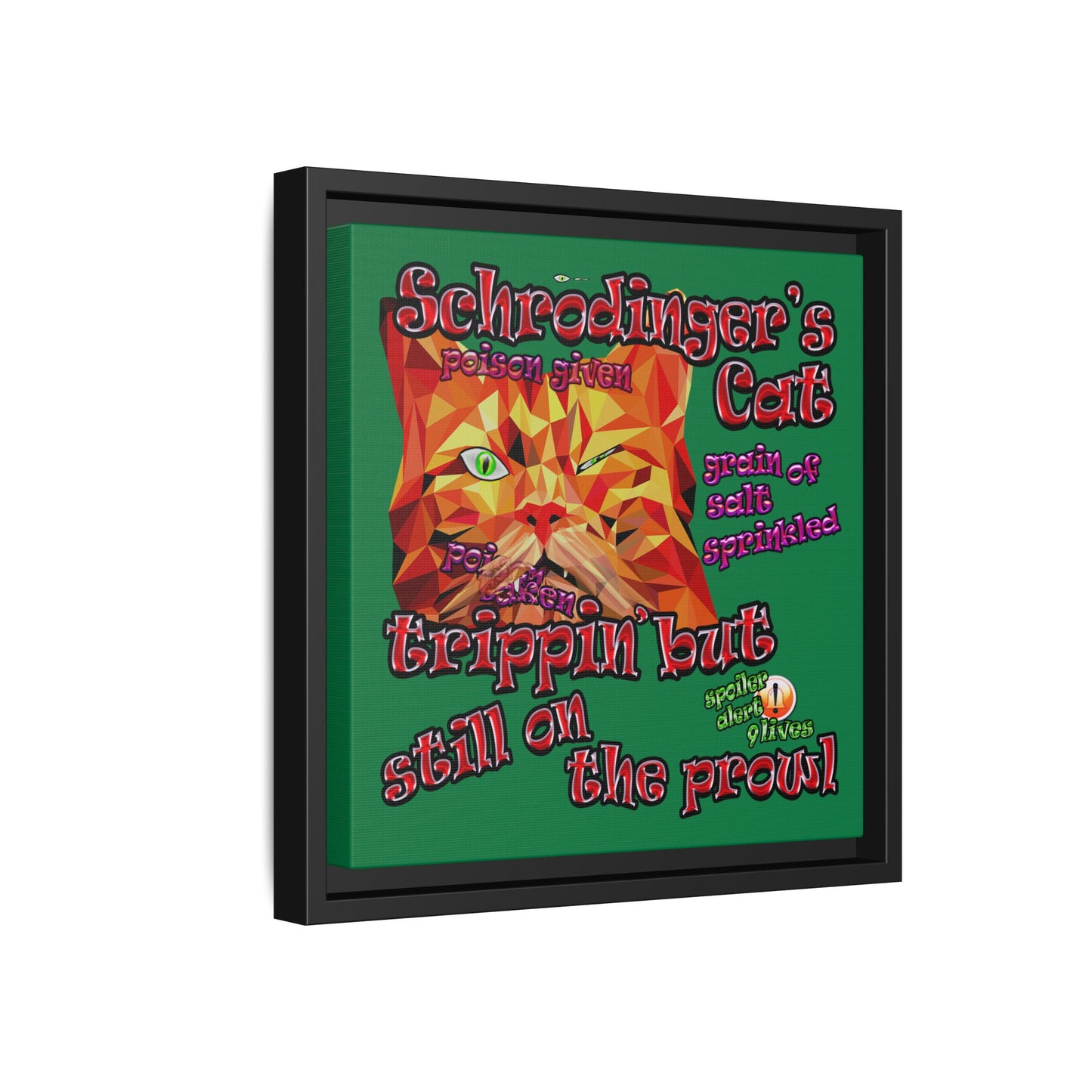schrodinger's cat - framed canvas art (dark green)