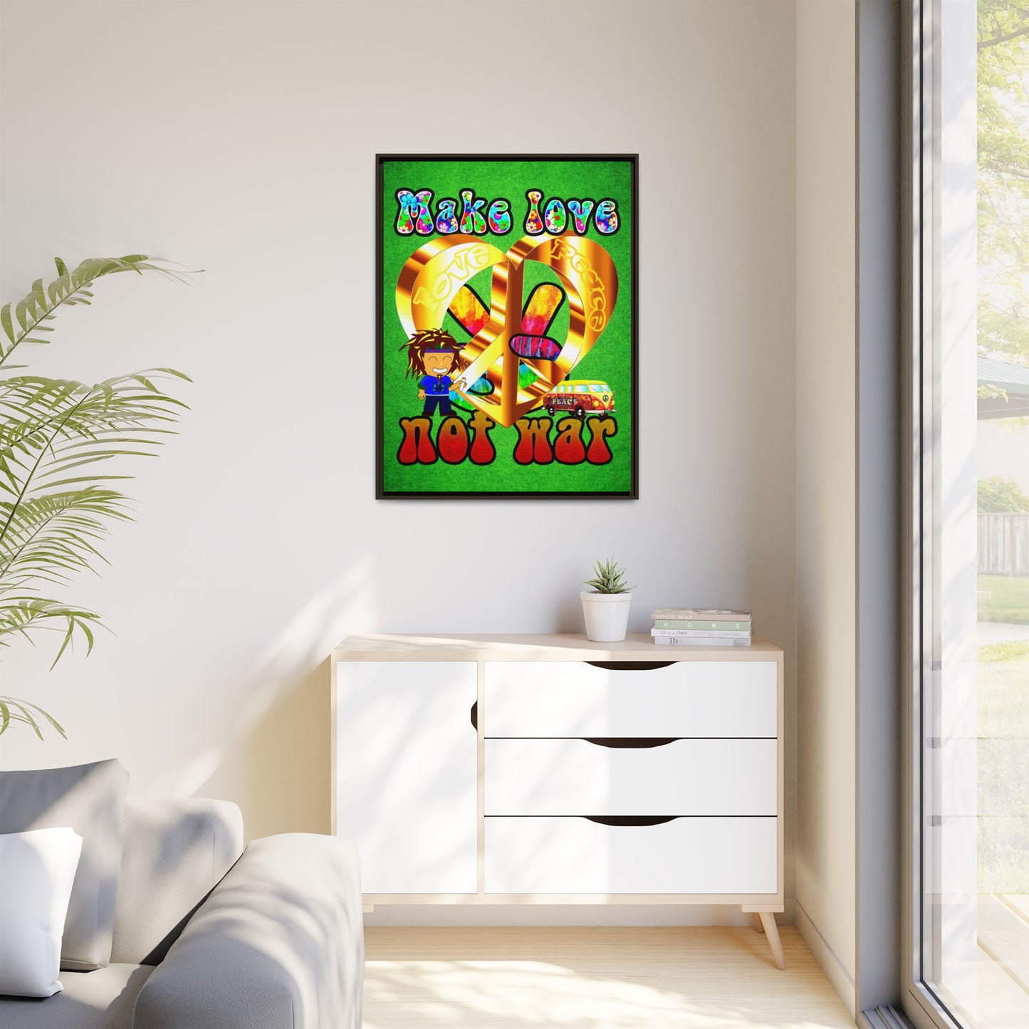 love peace - framed canvas art (green turf)