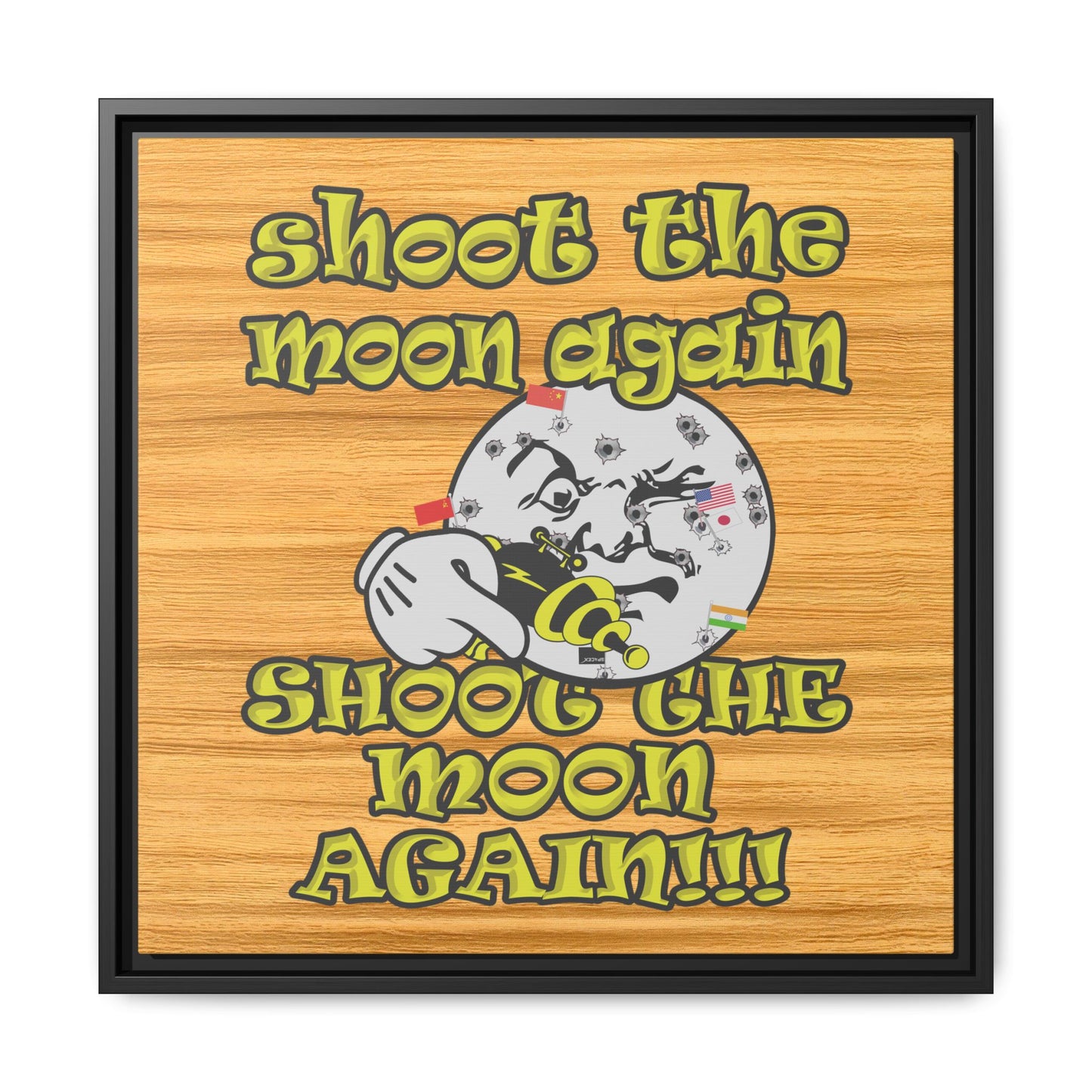 shoot the moon again - framed canvas art (butterscotch wood finish)