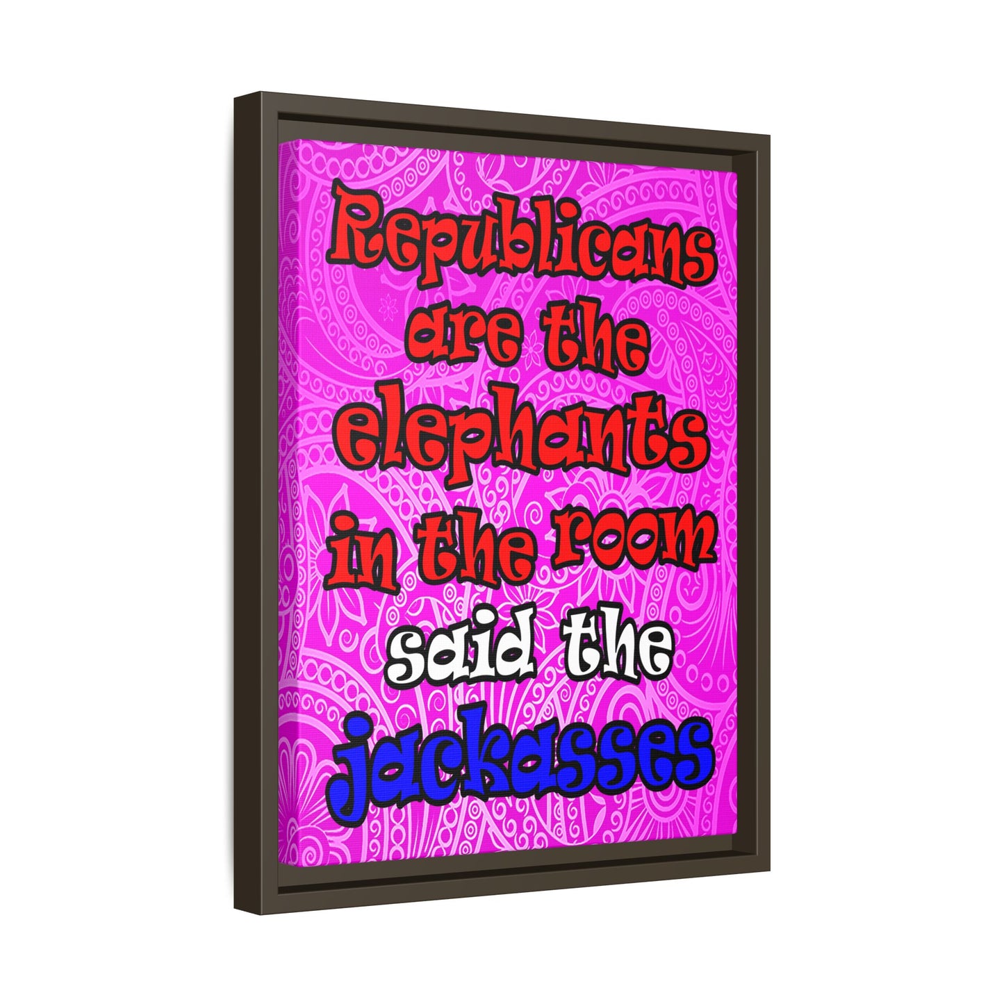 donkeys and elephants - framed canvas art (pink swirl)