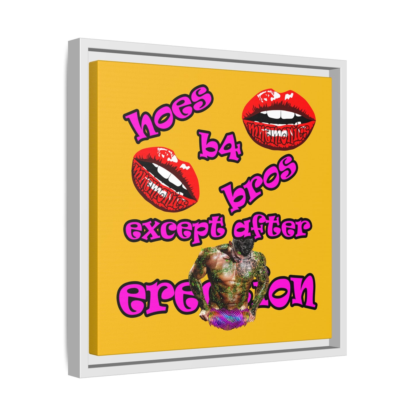 hoes b4 bros - framed canvas art (yellow)