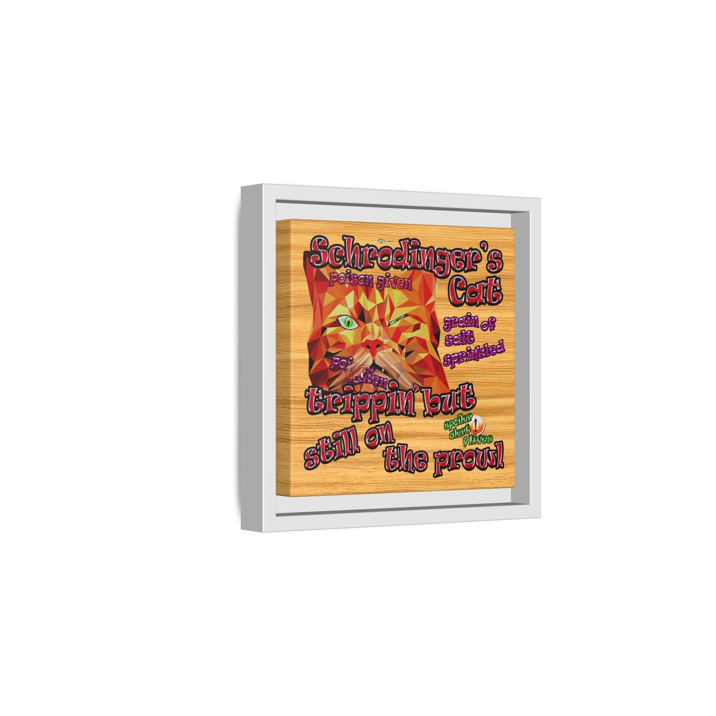 schrodinger's cat - framed canvas art (butterscotch wood finish)