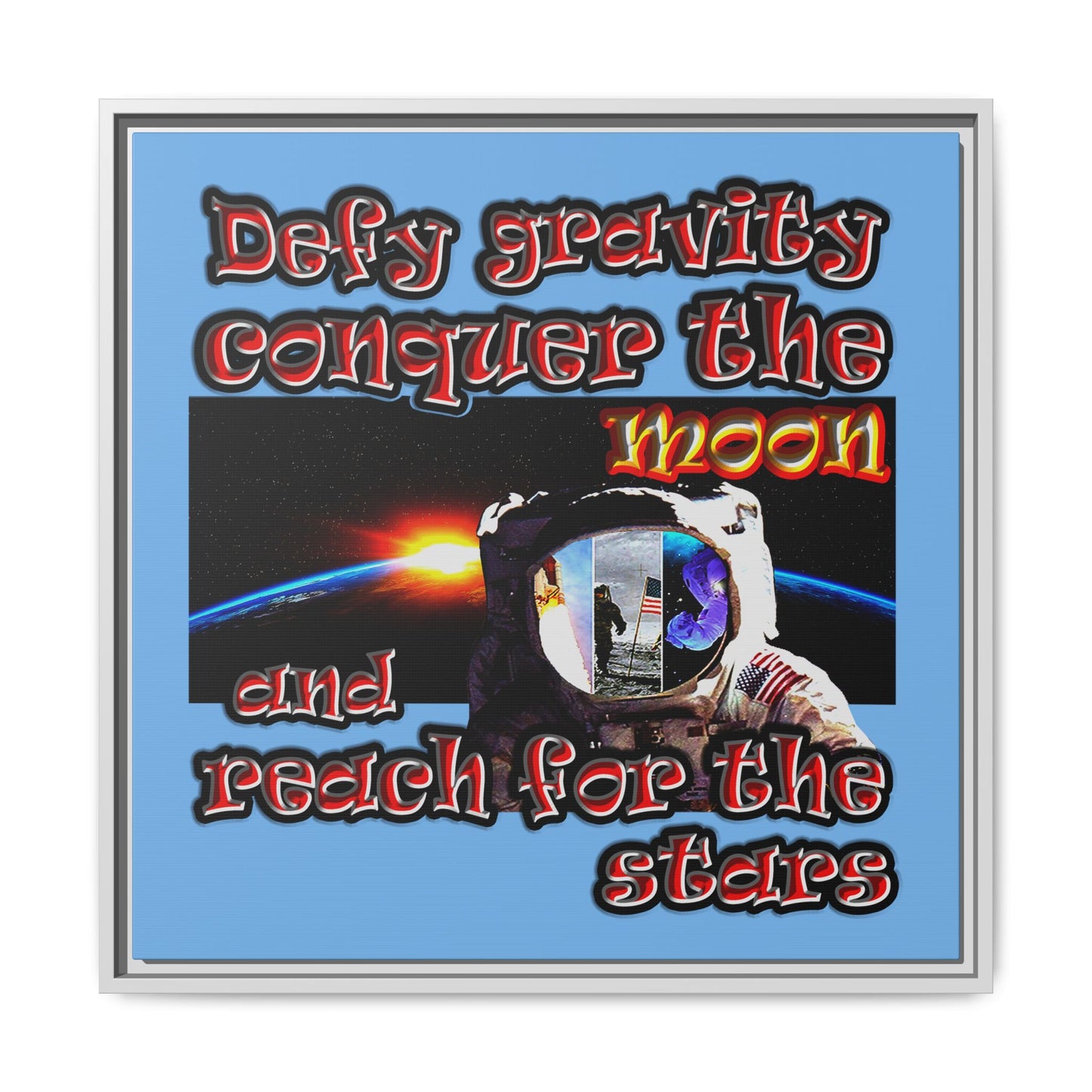 defy conquer reach - framed canvas art (light blue)