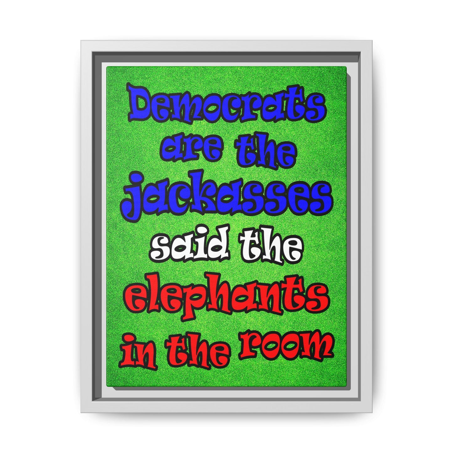 donkeys and elephants - framed canvas art (green turf)