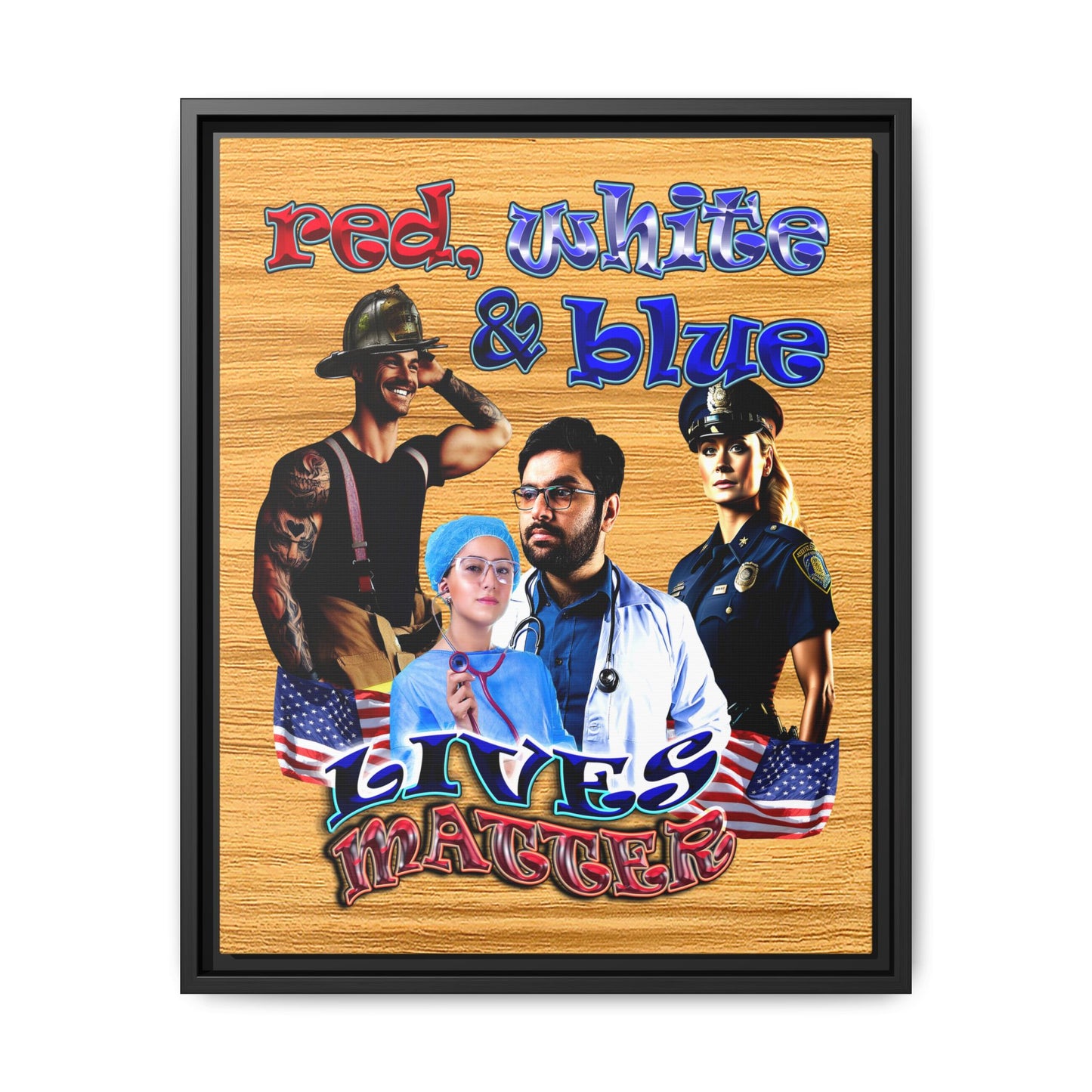 rw&b lives matter - framed canvas art (butterscotch wood finish)