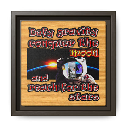 defy conquer reach - framed canvas art (butterscotch wood finish)
