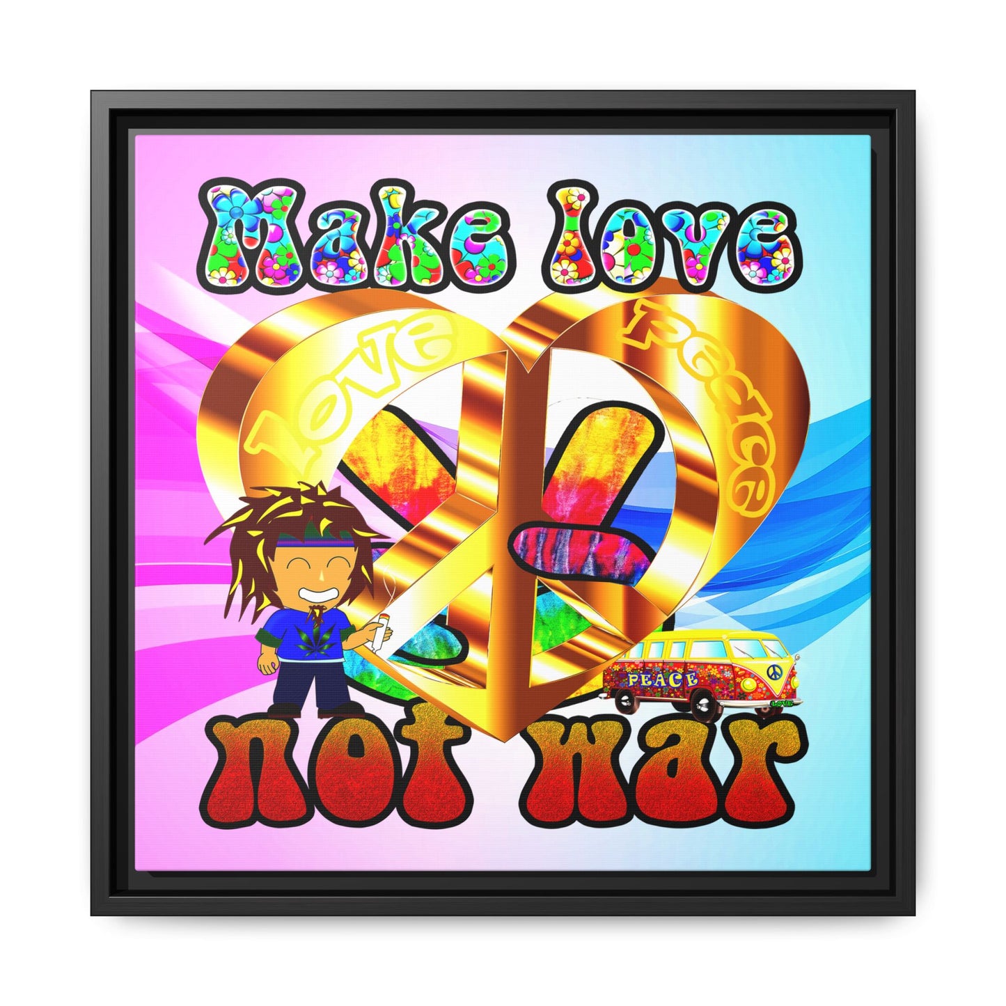 love peace - framed canvas art (light blue-pink wave)