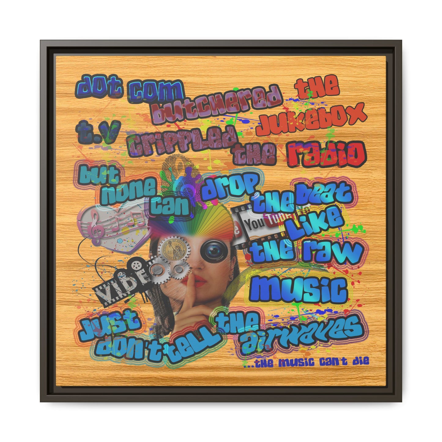 drop the beat - framed canvas art (butterscotch wood finish)