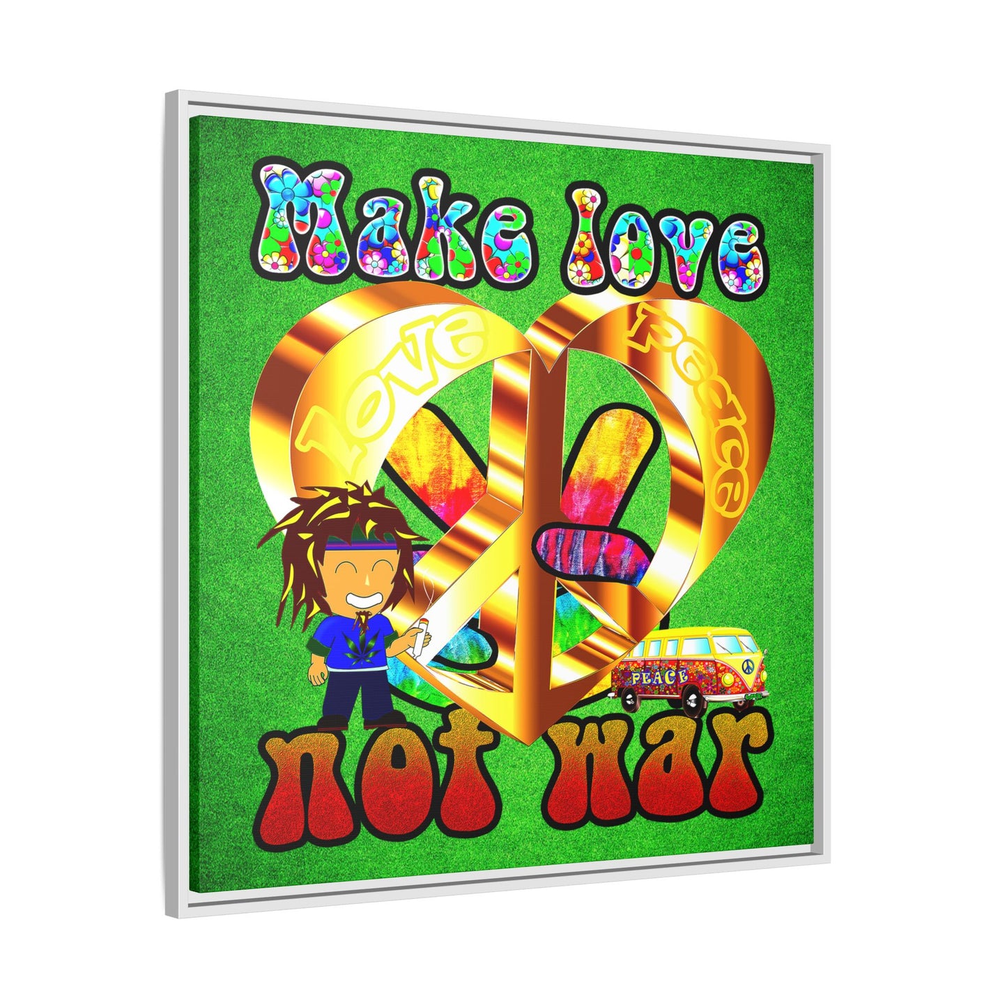 love peace - framed canvas art (green turf)