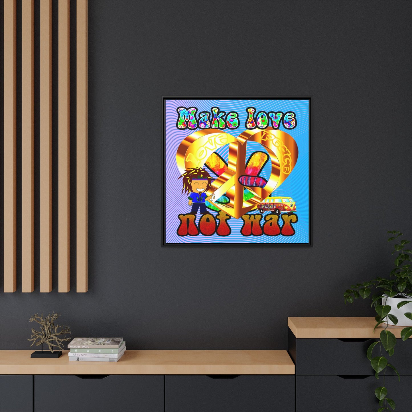 love peace - framed canvas art (light blue-purple wave)