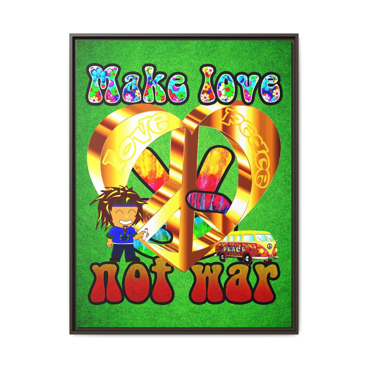 love peace - framed canvas art (green turf)