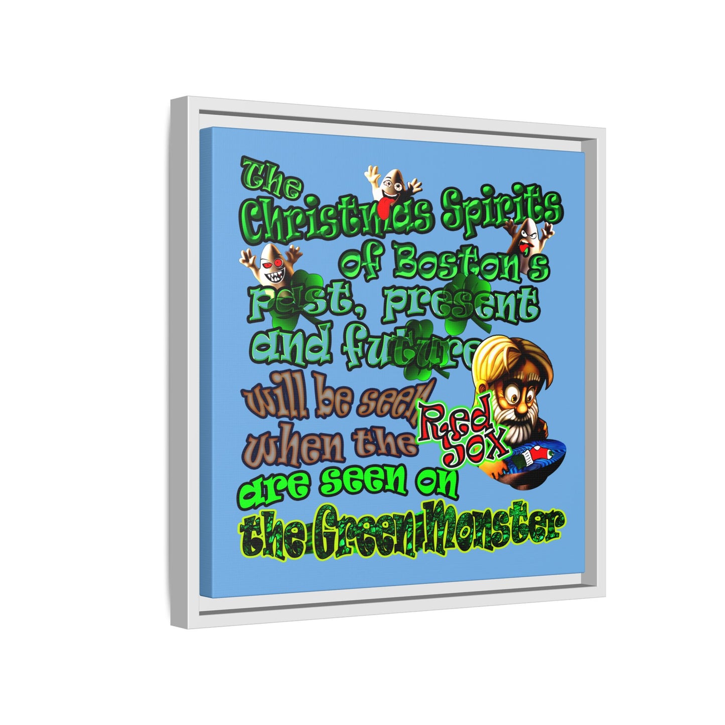 christmas spirits of boston - framed canvas art (light blue)
