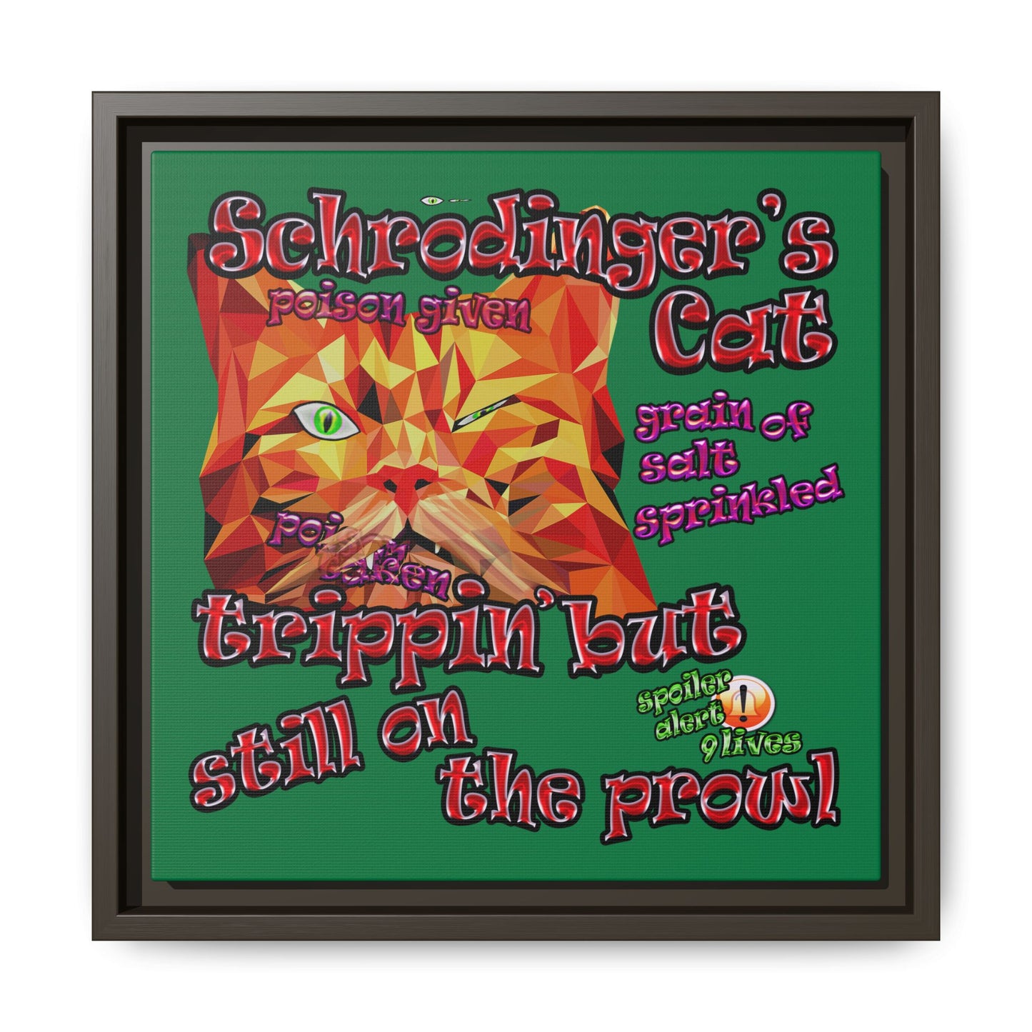 schrodinger's cat - framed canvas art (dark green)