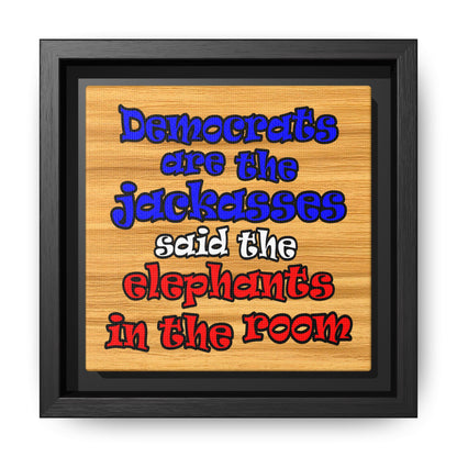 donkeys and elephants - framed canvas art (butterscotch wood finish)