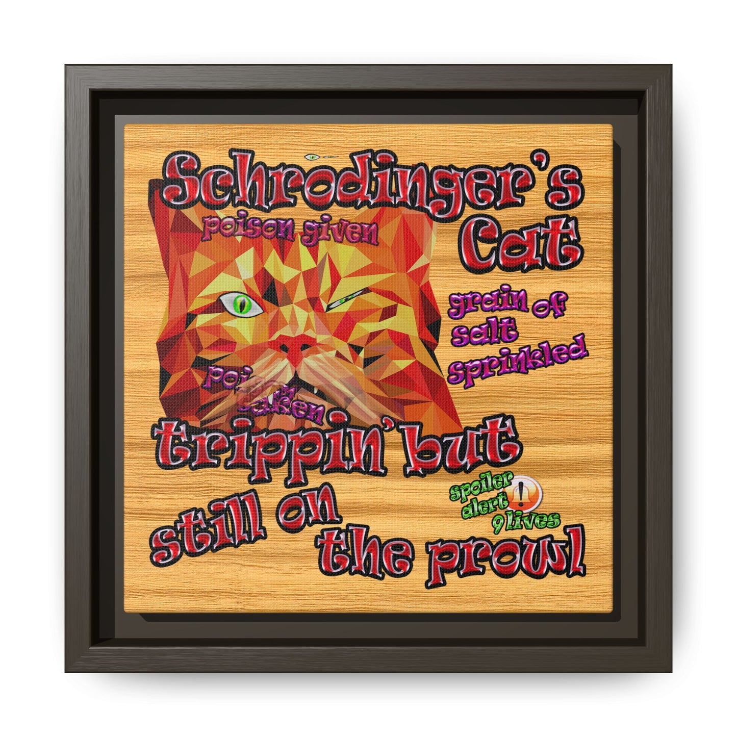 schrodinger's cat - framed canvas art (butterscotch wood finish)