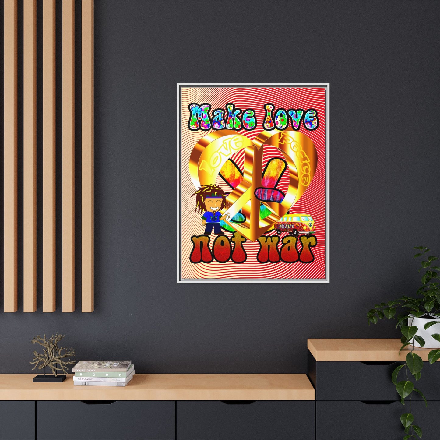 love peace - framed canvas art (yellow-orange wave)