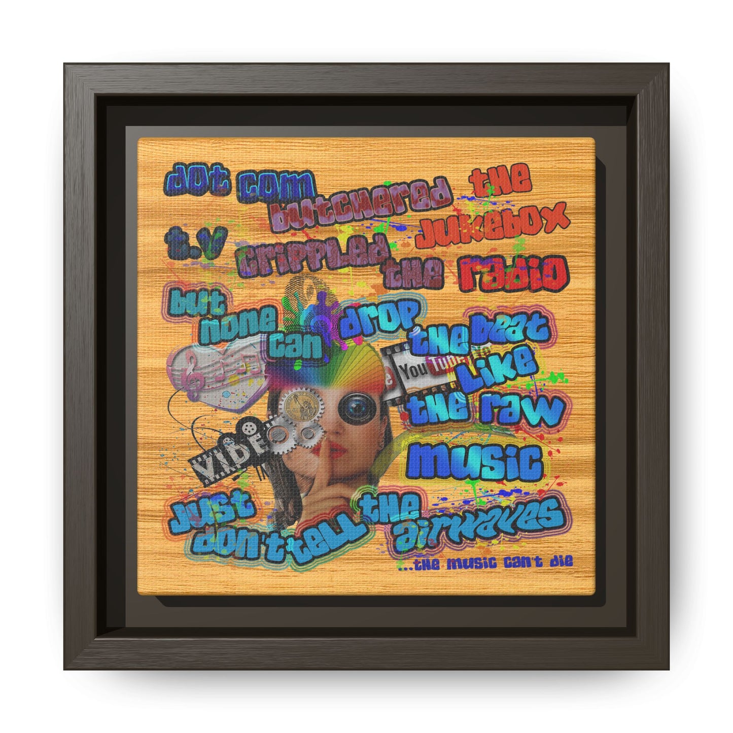 drop the beat - framed canvas art (butterscotch wood finish)
