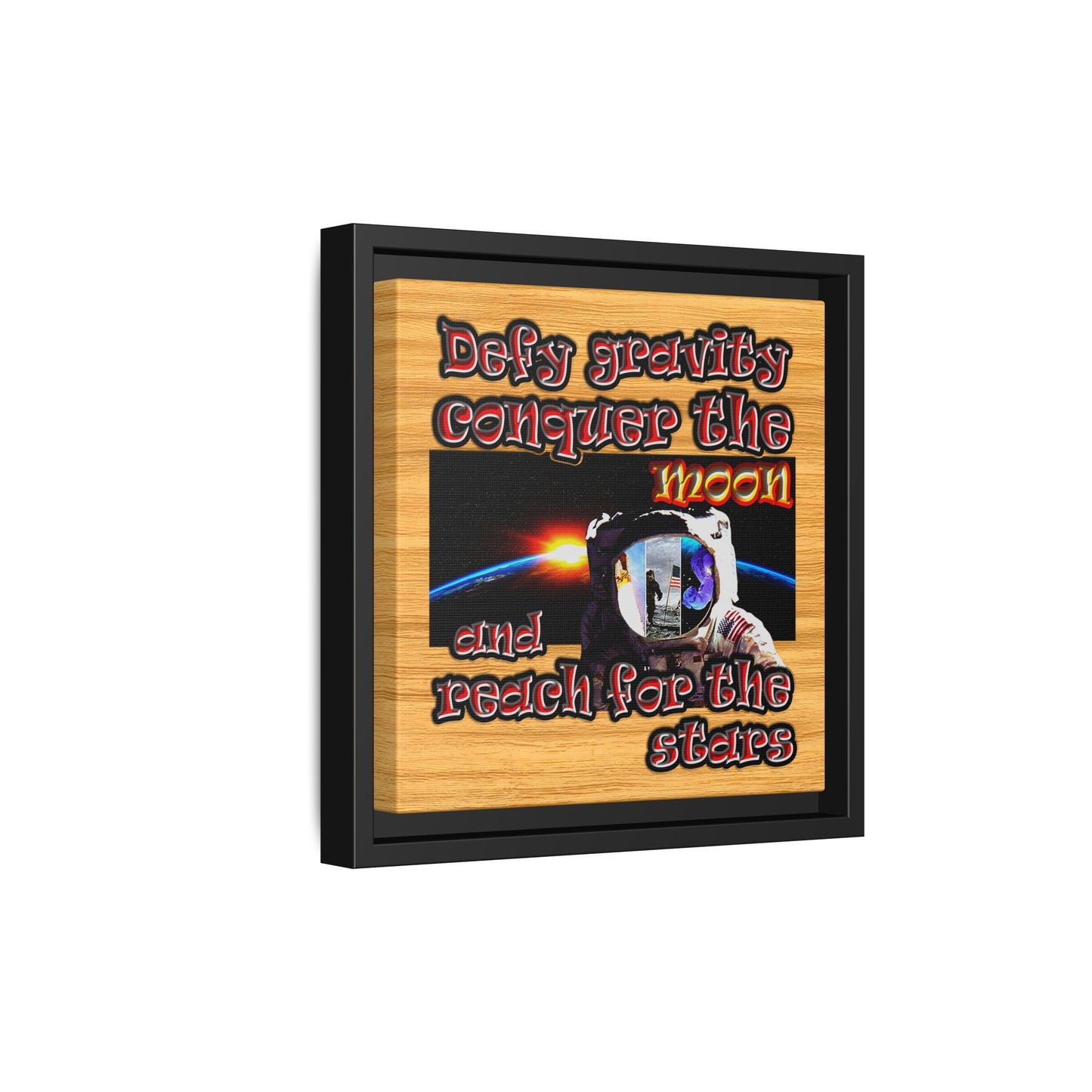 defy conquer reach - framed canvas art (butterscotch wood finish)