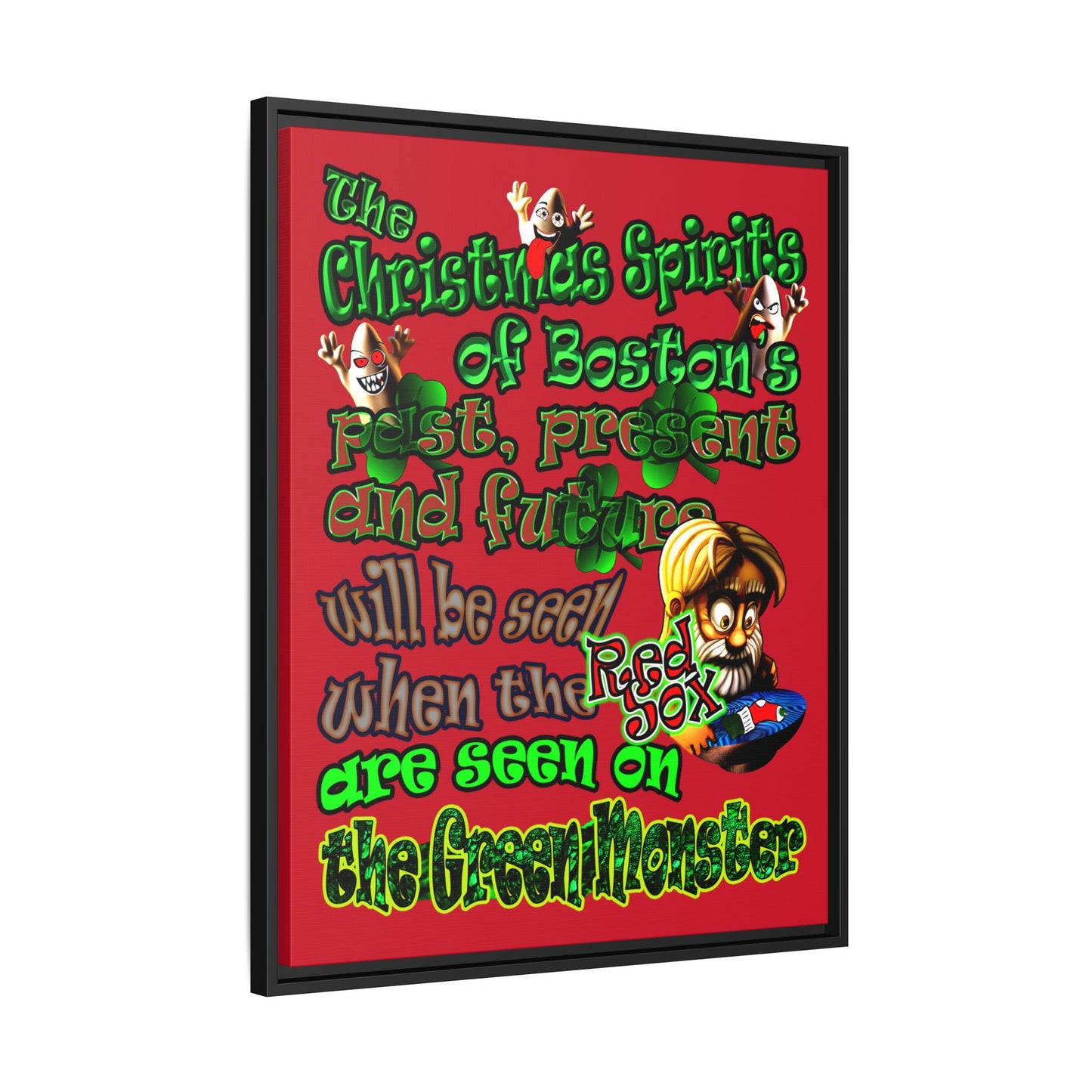 christmas spirits of boston - framed canvas art (dark red)