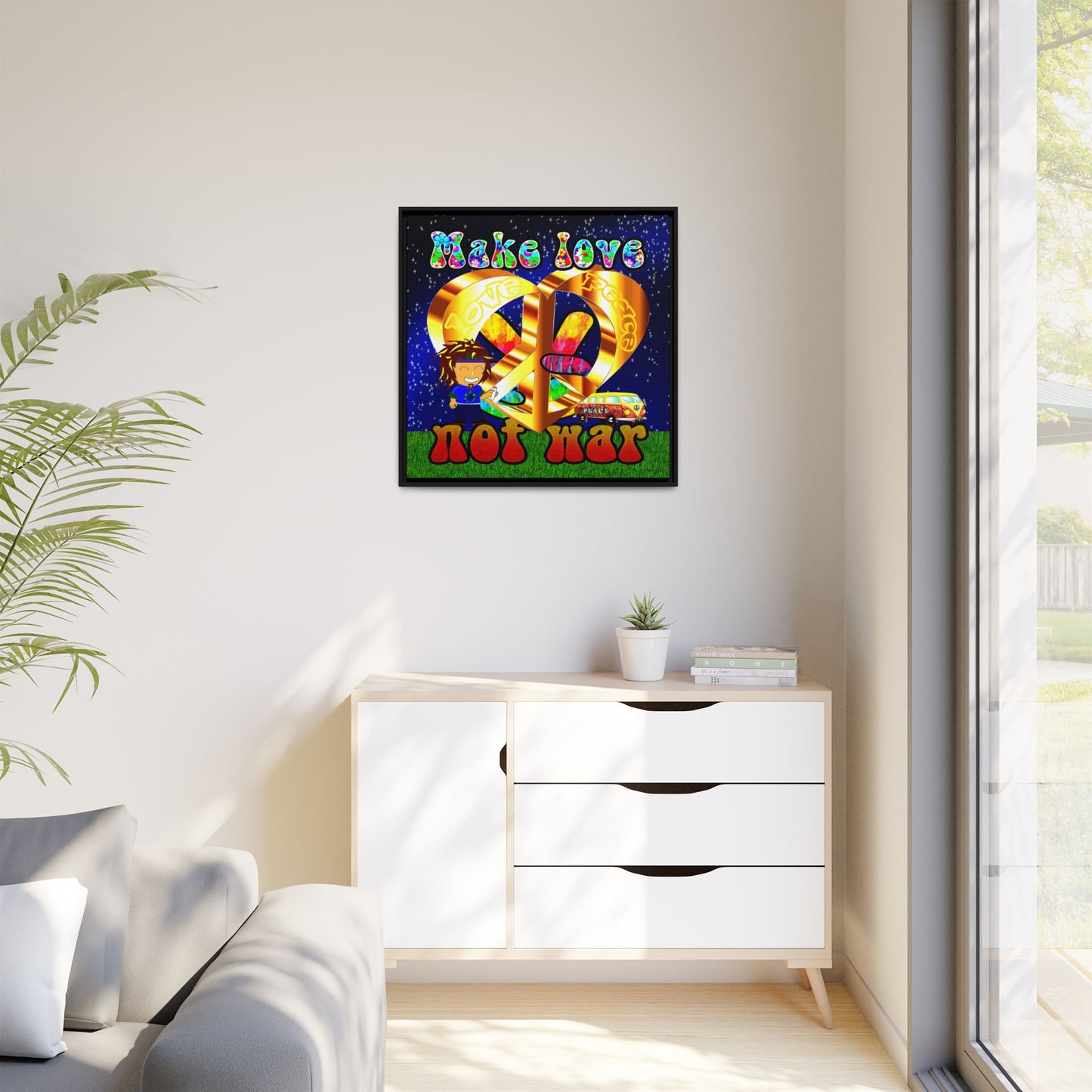 love peace - framed canvas art ('snoops' background)