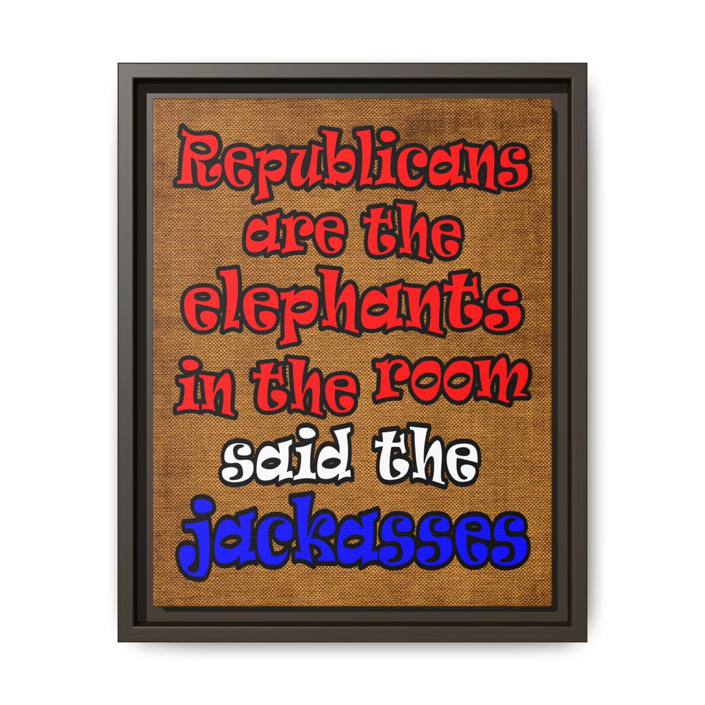 donkeys and elephants - framed canvas art (brown papyrus)