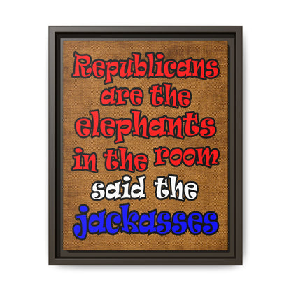 donkeys and elephants - framed canvas art (brown papyrus)