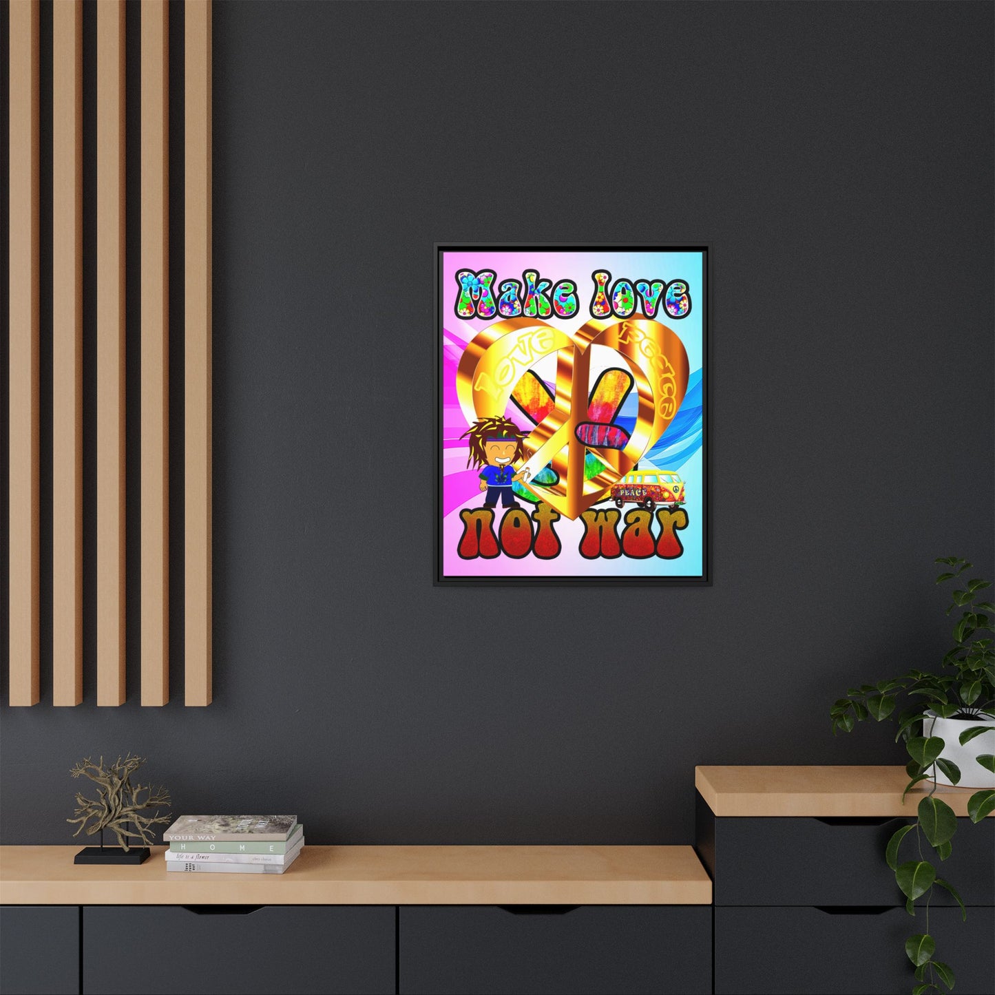 love peace - framed canvas art (light blue-pink wave)
