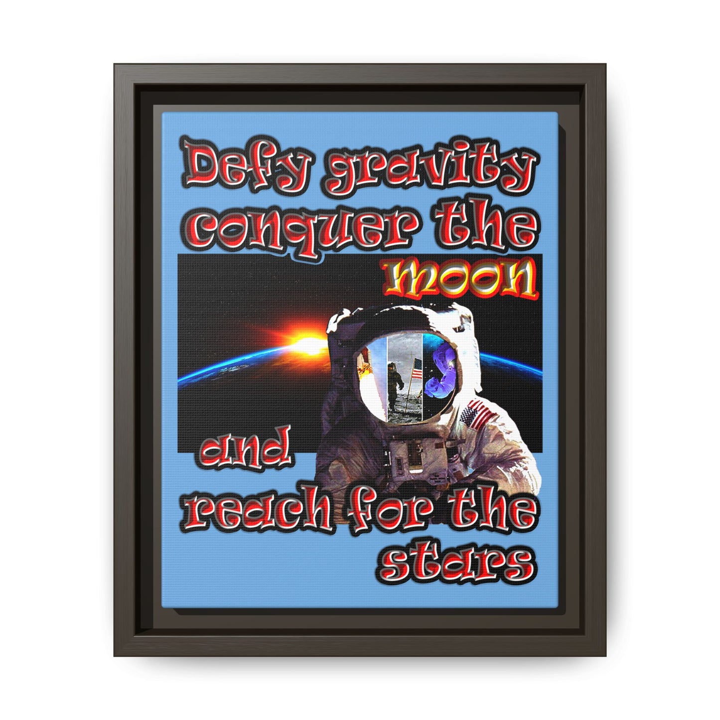 defy conquer reach - framed canvas art (light blue)