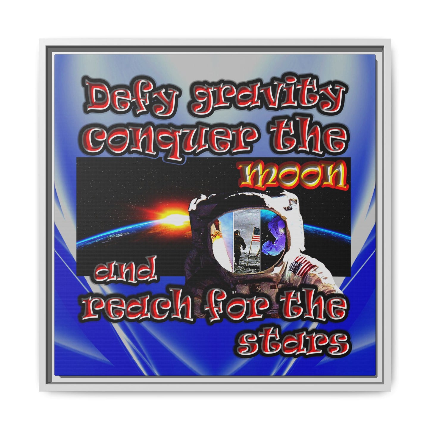 defy conquer reach - framed canvas art (blue-white wave)