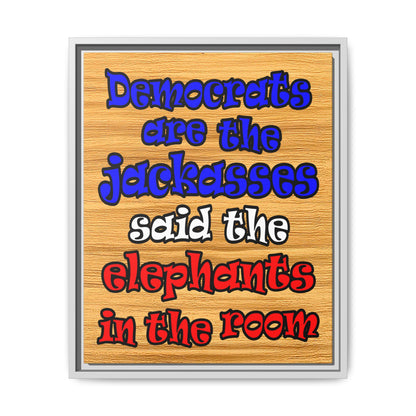donkeys and elephants - framed canvas art (butterscotch wood finish)